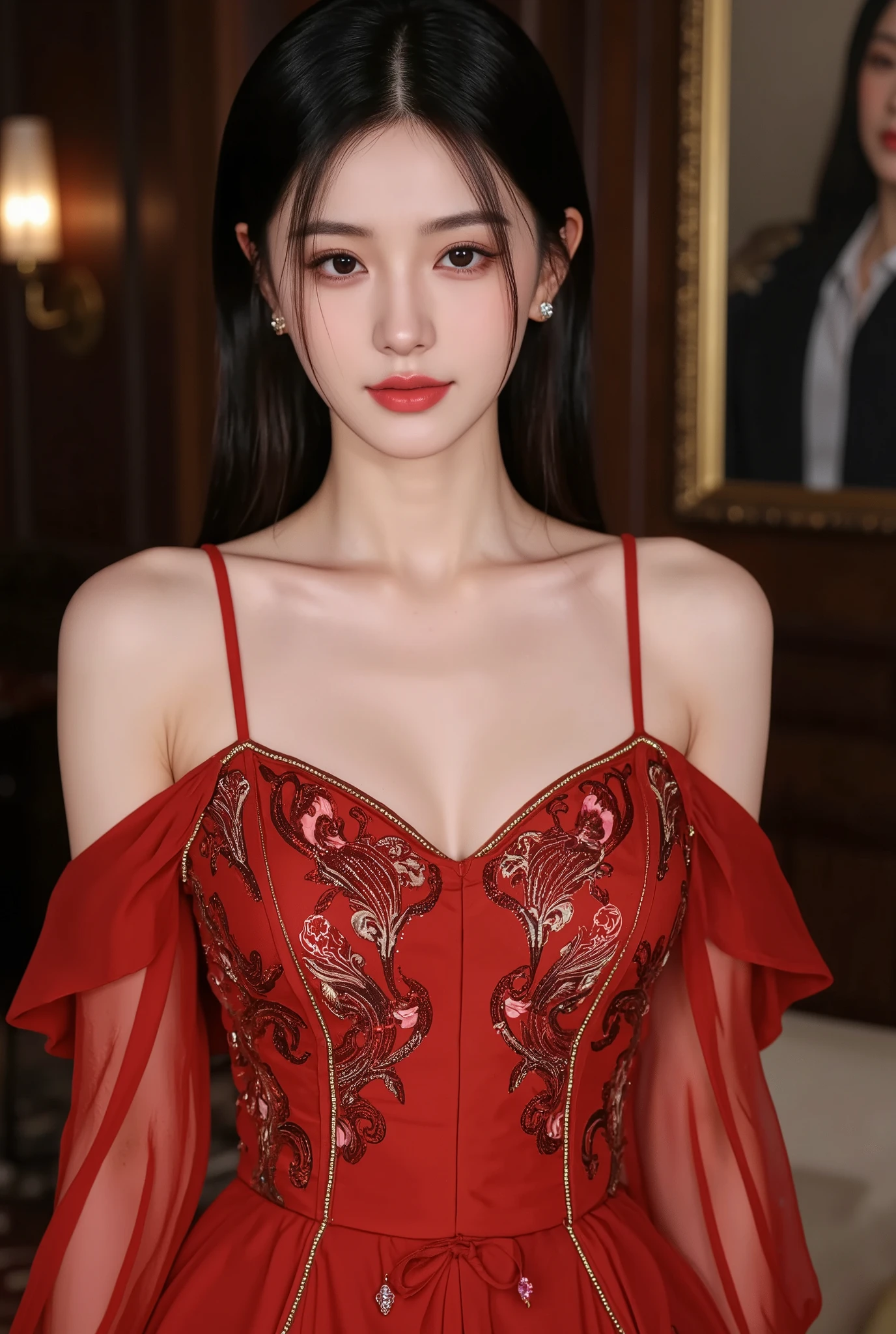 Best quality, high resolution, masterpiece: 1.3), a tall and beautiful woman, (dark brown short hair: 1.2, big breasts), wearing pendant, pouf dress, black and red wedding dress fashion dress design "haute couture" fairy charming fantasy fantastic theme black embroidery with some ruby details embroidered frills, red and black, layers. Dark mode of layers, layers, layers, evil, stars, moon, fog and wind, without any pose, standing (background is in the living room at home), beautifully presented details in face and skin texture, detailed eyes, double eyelids, smiling
