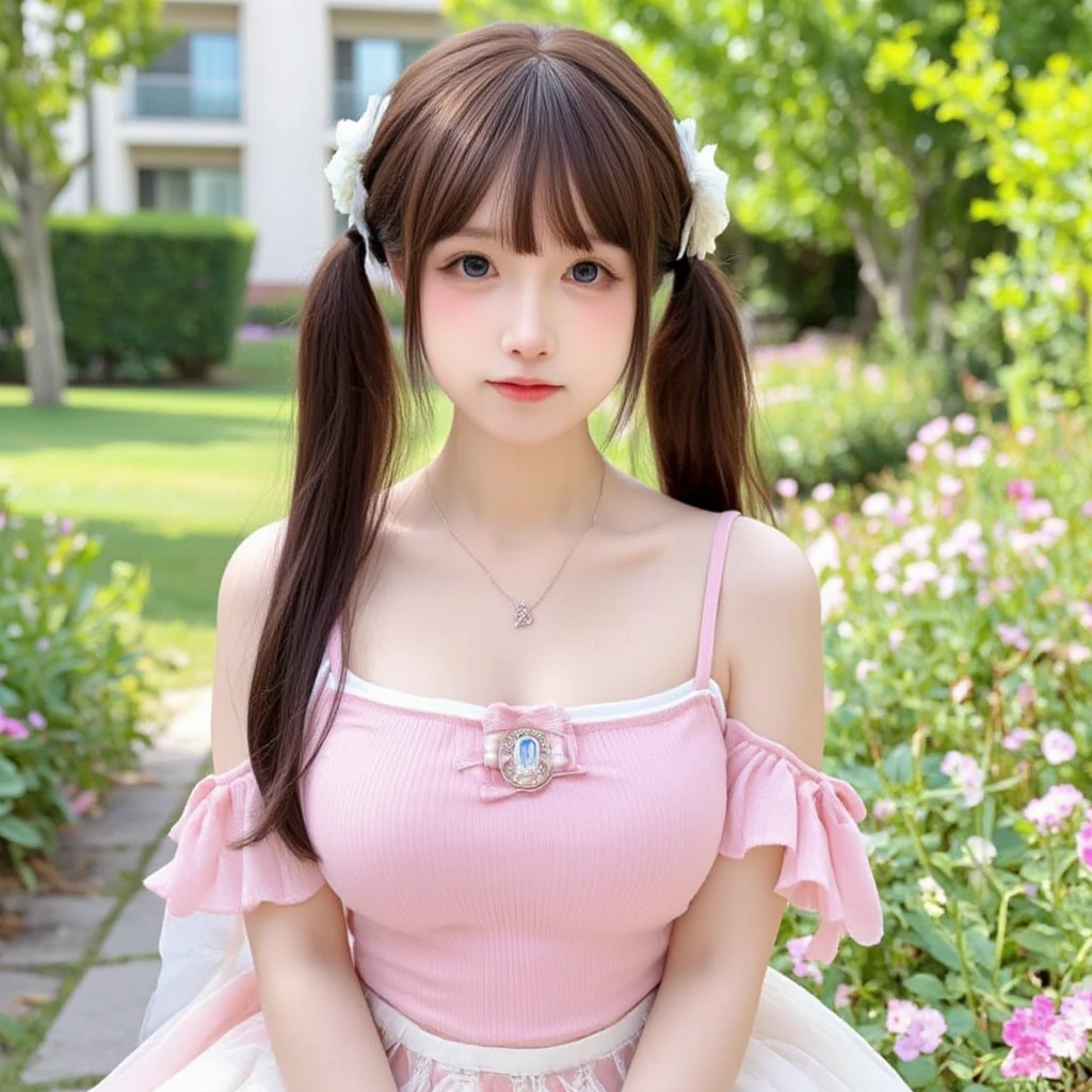 Masterpiece, perfect facial features, highly detailed face, highly detailed, 1 gir solo, 20 years old woman, shy, pink blushes, eye glasses, against the garden's park, sunset, dark skies, standing against a big tree, twintails hair, hair bangs, white short sleeve, cleavage, mini skirt, thighs, knees,