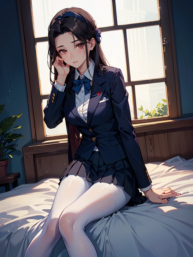 Masterpiece, Best quality,1 girl, Rin Tosaka, Solo, Long hair, Thighs, Mini skirt, Blue eyes, Thighs, Black hair, crouched, Turn up the skirt with both hands, White ribbon panties visible, (Sit with your legs bent and your knees bent)), crouched, Open legs, (skirt up:1.2), NSFW, Shy, Show off, cleavage,