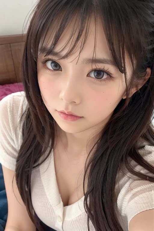((top-quality、in 8K、masterpiece:1.3))、foco nítido:1.2、Beautiful Women in Perfect Style:1.4、Slender Abs:1.2、((dark brown hair、Colossal tits:1.2))、(Bedrooms:1.1)、Highly detailed facial and skin texture、A detailed eye、二重まぶた、fully body photo、Lie on your back in bed、Raise your legs wide、Open your legs wide、Underwear、no brassiere、no panty、Shirt with wide open chest