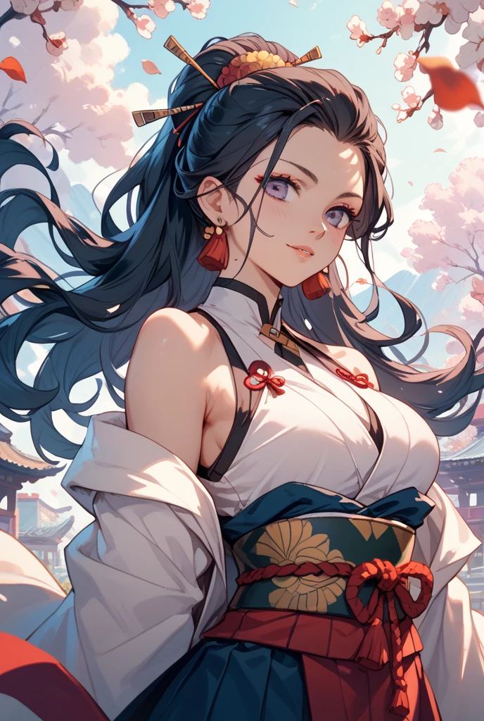 short girl, 1girl, solo, masterpiece, highres, solo, 8k, detailed, perfect face, best quality, (ultra high quality), (looking at viewers), (armpit), bare arms, small breast, sideboob, black hair, long hair, ponytail hair, hair bangs, green eyes, jade eyes, belly, stomach, navel, abs, chinese dress, slim body, upper body, smile, hand up