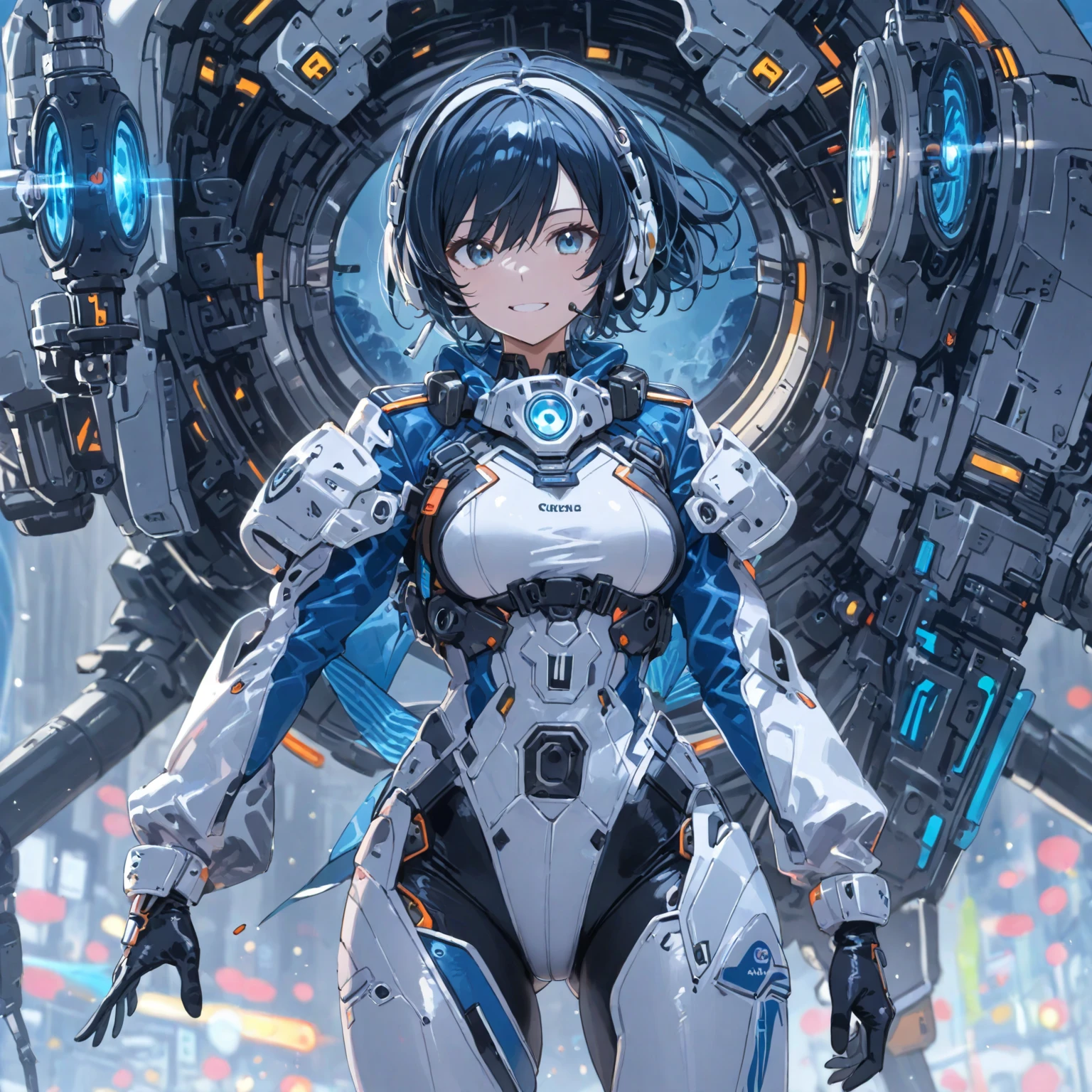(masterpiece、highest quality、highest resolution、clear_image、detailed details、Angle from above): (full body figure、One 20 year old girl、Japanese faces、small face、Slender、Navy blue super short bob cut hair、(hidden small breasts:1.3)、sparkling blue eyes、Shiny pilot suit in blue and black colors、armor that protects the chest、tight fitting clothes、clothes that cover the whole body、shiny clothes、tight fit pants、hide the skin、very delicate and beautiful、detailed skin、hide thighs、hide your butt、cute type、gentle smile、soft expression、heroine、headset、Knee-high boots、gloves up to the elbow、eye level shot、facing directly、woman on a spaceship)