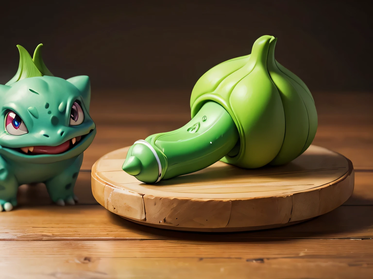 a green dildo shaped like a penis on a table similar to a Bulbasaur