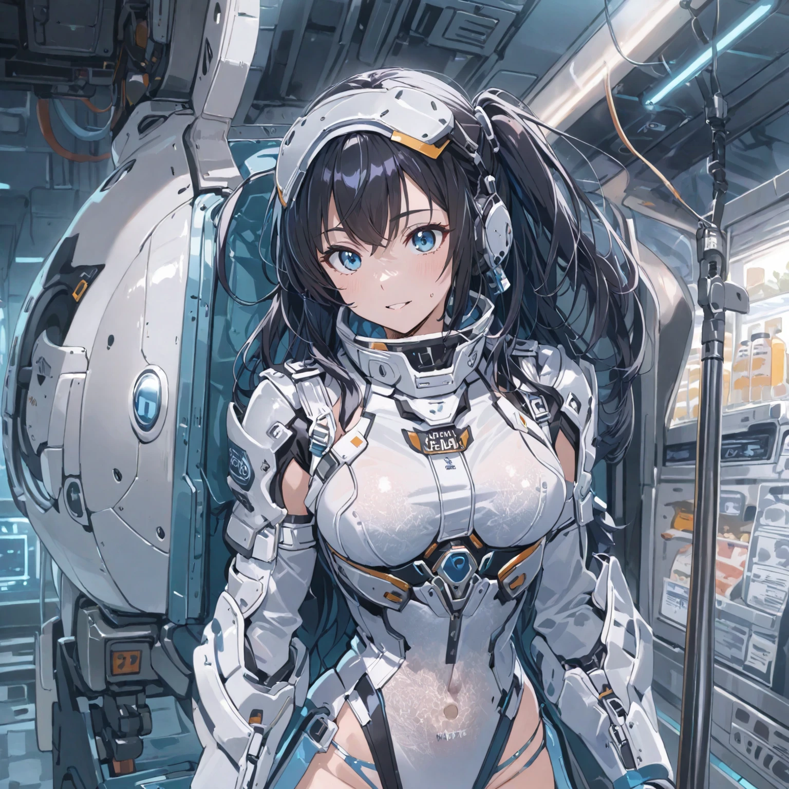 (realistic:1.4), (Raw photo),table top, highest quality, very detailed, (realistic:1.4), (8K, 4k, highest quality, High resolution, 超High resolution:1.1), 8K portrait,1 girl, Japanese アンdroid gid,Plump , announcer,Control panel,アンdroid,droid,view audience,mechanical hand, ,robot arms and legs, black hair,Machine body,dull bangs,white robot parts,perfect robot woman,charging spot,long tube,A thick cable was connected to his neck...,ceramic body ,Machine body, mechanical ear covers,アンdroid,robot humanoid,a little chubby,panties,full eyes,perfect machine body,white robot body,laboratory of the future,アンdroid factory,mechanical ear covers,white and light blue uniform,aqua accent costume,