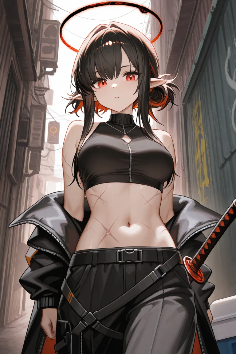 (Shirow masanune style:1.2)、(Official art、Best Quality、Unity 8k Wallpapers、32K、 masterpiece、ultra-detailliert、High resolution,Perfect Anatomy),(natural soft light:1.2),Detailed beautiful face and eyes,shoot from front,cowboy shot,(focus 1woman,solo:1.2),20-year-old beauty,black hair,short bob hair,black eyes,skinny,ideal ratio body proportions,medium breasts,shiny skin,(real face:1.5,Ninja costume:1.5,kunoichi:1.5),Japanese castle、