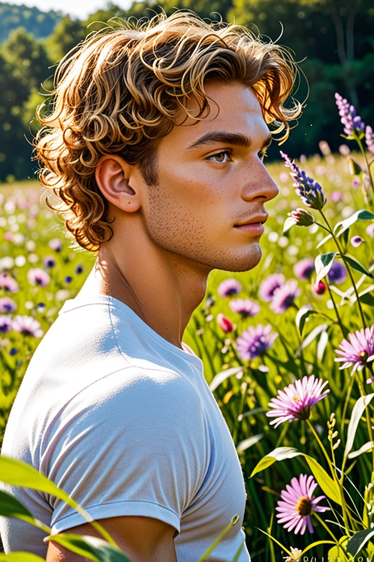 Behold a fashion editorial photo shoot featuring a photogenic and charming 23-year-old male supermodel, With his prince-like eyes, sweet smile, and an angelic face adorned with natural blemishes and freckles, he boasts short curly hair, a symmetric face, and a natural pale skin tone that embodies youthfulness and athleticism. Exuding a unique allure with his exotic features, he stands in a meadow adorned with wild colorful flowers, wearing white sheer underwear with a semi-hard bulge, the focus subtly directed towards it. Against the backdrop of vibrant greenery, he is captured in a full-body pose with a dynamic angle, emphasizing his captivating presence and the intricate details of the surroundings.
The photograph is taken with a Canon EOS R camera using an 85mm f/1.8 lens at an f/2.2 aperture, utilizing natural light. Employing three-point lighting and incorporating 3D animation shadows enhances his features and adds depth to the composition. The careful layering and arrangement of his body parts and surrounding objects ensure a flawless composition. This masterpiece celebrates the beauty of the male form and invites viewers to immerse themselves in a world of sophistication and charm. The seductive lighting and intricate details, combined with a dramatic composition, invite viewers to revel in the essence of a fun-filled day, brimming with joy and relaxation. Attention is meticulously paid to the layers and arrangement of his body parts and surrounding objects, ensuring correct body structure and photo distance. The romantic atmosphere, paired with a lively and extremely gorgeous background, enhances the overall allure of this exquisite image.
