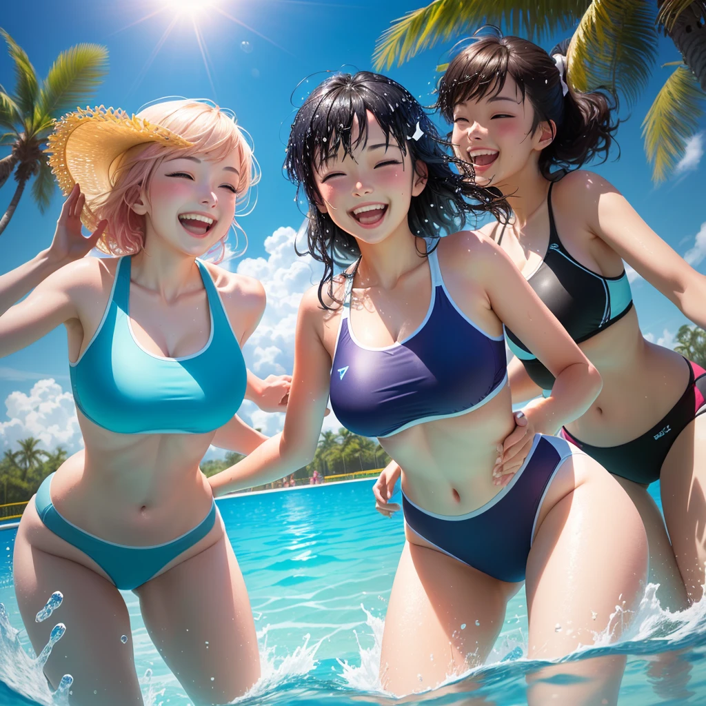 On a hot summer day, a vibrant and joyful pool party is going on. The bright sun shines on the surface of the pool, and the water waves shimmer. People happily jump into the water to swim and play. The beat of the music echoed with cheers, and people danced and enjoyed the revelry atmosphere. Colorful floats and water guns add a touch of joy. Laughter and laughter fill the air, filled with youth and vitality. People wear stylish swimsuits, sunglasses and straw hats to show their personality and fashionable side. Under the sun, people are immersed in the water and enjoy the coolness and joy of summer. The pool party scene is a joyful and relaxing party that allows people to enjoy the good times of summer to the fullest.