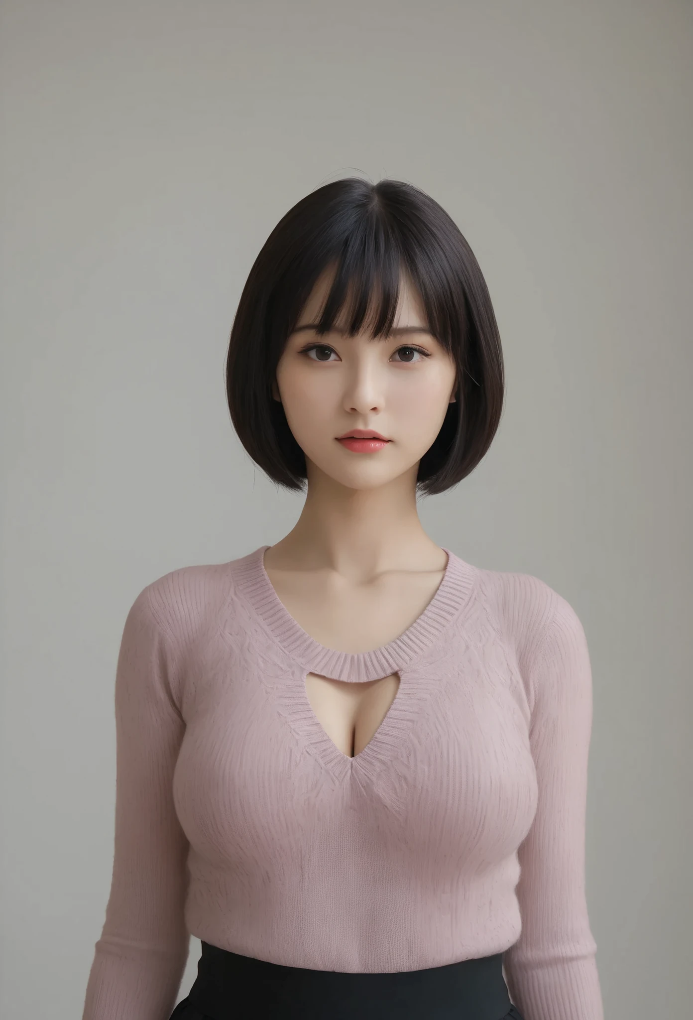 (lifelike,high resolution:1.3), A slim girl, The face shape and eyes are super delicate,black hair,red glossy lips,(pretty face), (best quality), (super detailed), (Extremely detailed CG unified 8k wallpaper),((tight sweater)),(White background),(A little cleavage),(model photos),sexy look,big eyes,(Permanently installed),(air bangs),(slim waistline),eyes on the audience,Teardrop-shaped breasts,Soft breasts,very realistic breasts,Character centered,Cross your hands on your chest