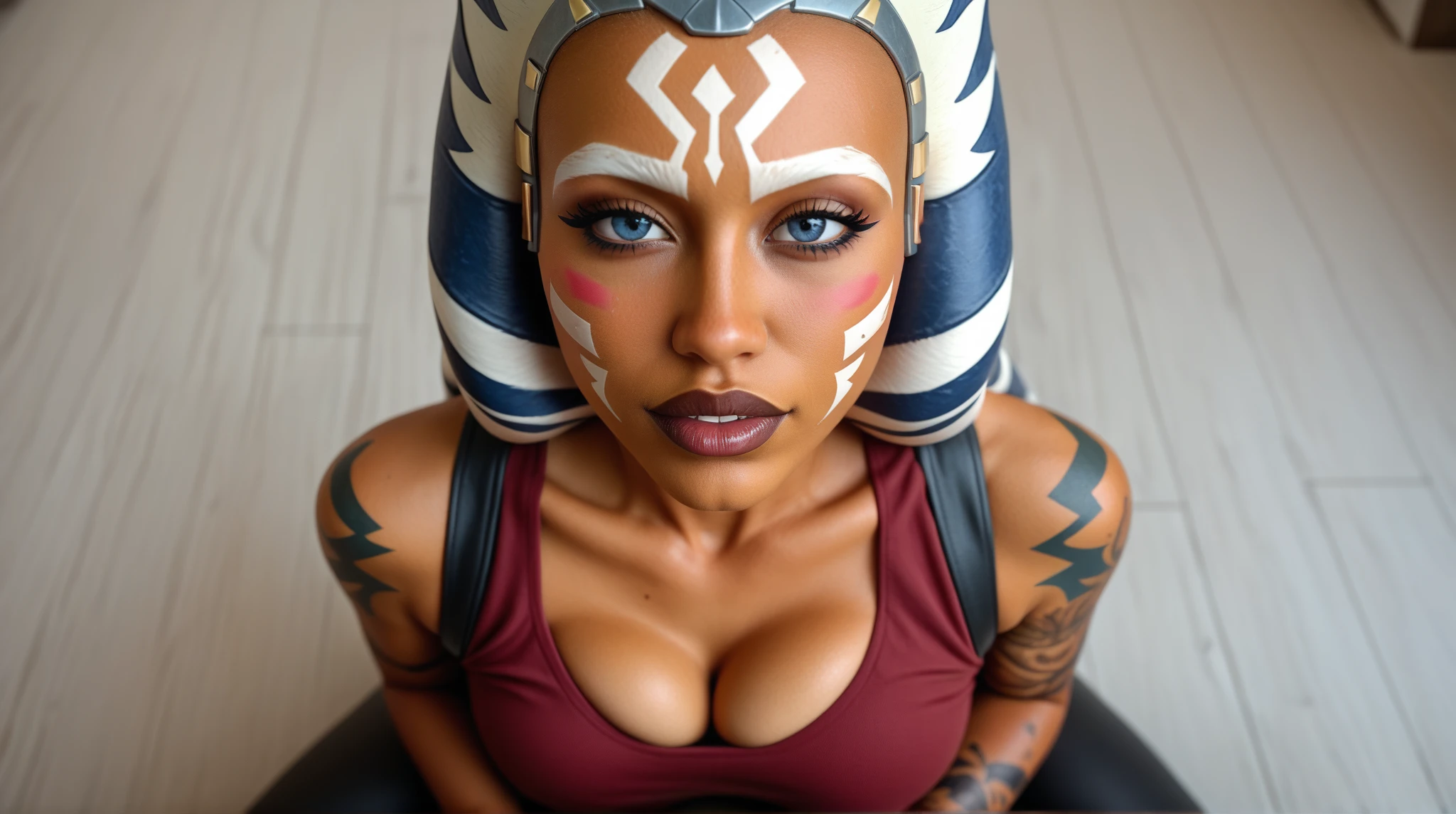 Ahsoka Tano aus Star Wars the Clon wars. She has big bodybuilder muscles, a perfect German face and big breasts. She wants sex