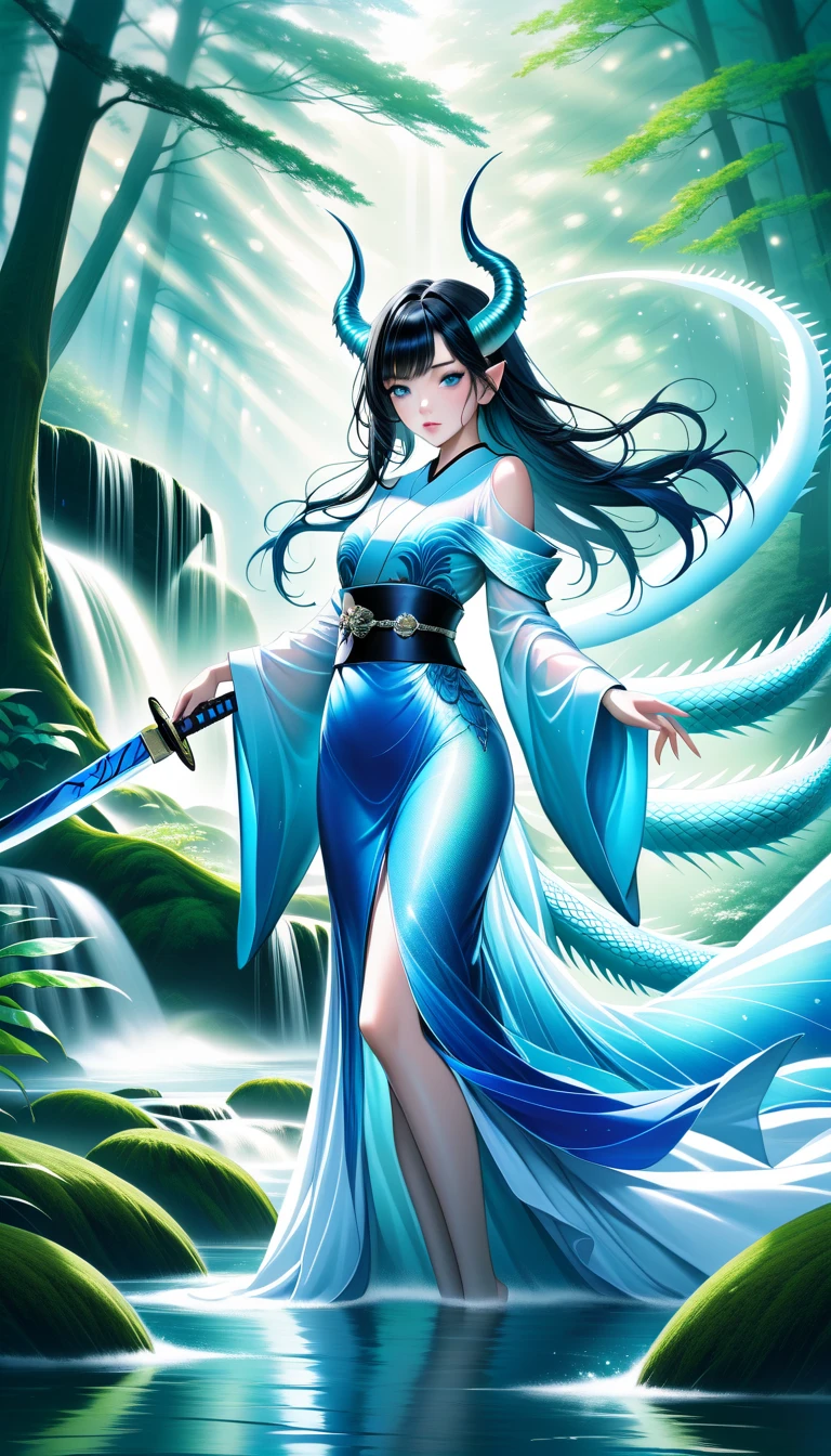 Masterpiece, top quality, best quality, official art, (beauty and aesthetics: 1.3), extremely detailed, (fractal art: 1.3), colorful, ice and Chinese dragon, serpentine body, claws, cyan and 1 woman, han woman's media, hanfu, cyan