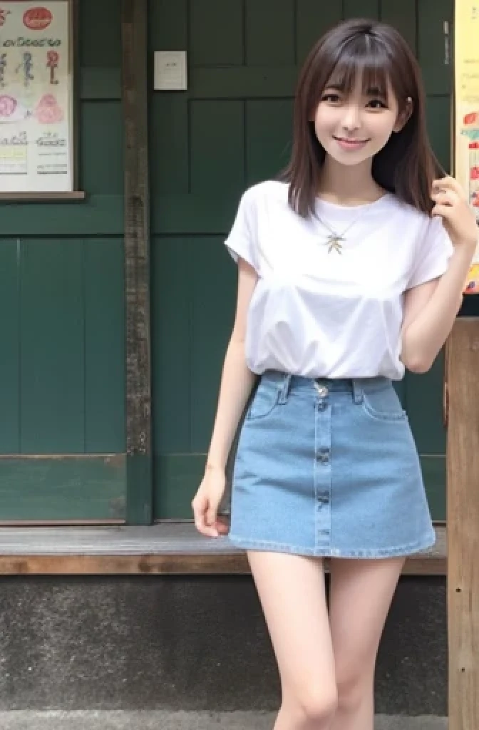 A woman wearing white knee-high socks、White T-shirt、White mini skirt、Japanese、Standing posture、The whole body is in it、Highest quality、20-year-old