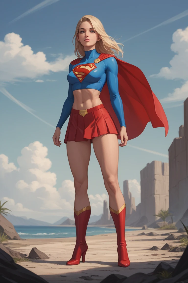 Woman with big breasts, strapless Supergirl costume, full body, navel, high heels, Tan skin, rafting, hair flower, evil smile, pink, Sassy, tight mini skirt, ((from below)), looking at camera