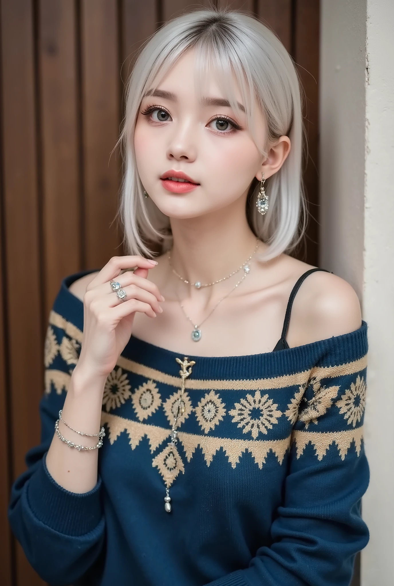 ((best quality)), ((masterpiece)), (detailed), 1girl, off-shoulder sweater, Blue-Gold Edition