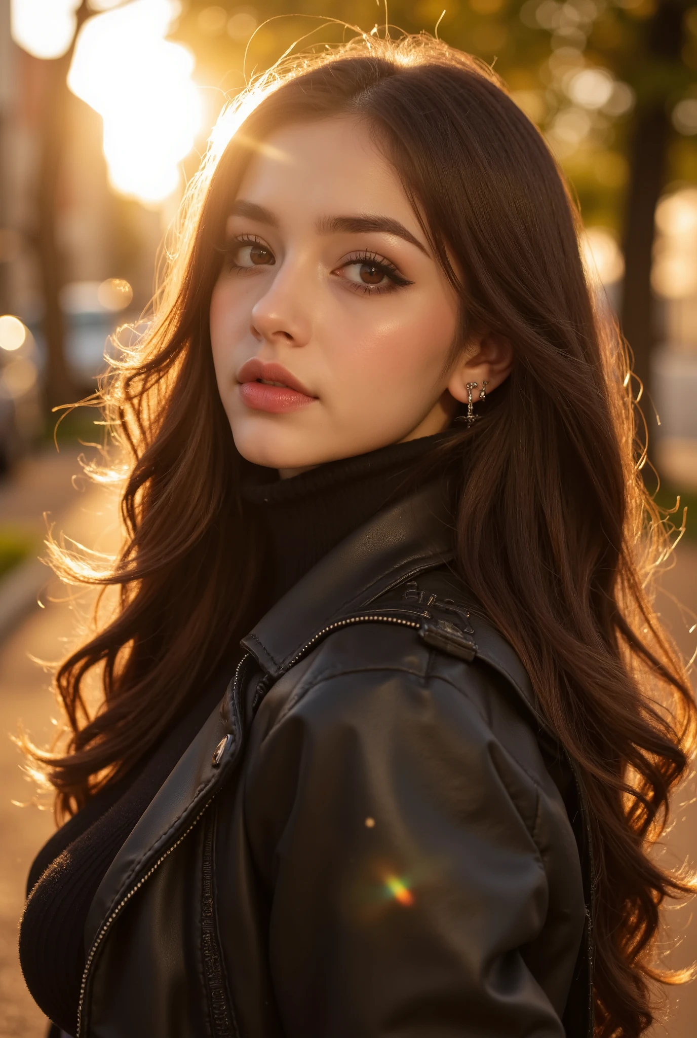  knee-to-head pictures、( big  1.5),　Clear and very big eyes 、Clear double eyelids、 Very Long Lashes,  sensual lips、 slender model figure、色白の肌 top quality、 perfect face、 perfect style、 perfect body、 tanning、 beautiful women、 matured、 Long Curly Layered Brown Hair、Hair flowing back、 full body,   、 charming、healthy、of the  top quality、8k、
break ( soft focus,  Best dynamic angle , Sunset backlight effect ,  Hi Aesthetic  ,  top quality,  masterpiece,  very well detailed: 1.2), ( Software), break, Girl has healthy skin and pretty smile Beauty has a neat face and glossy lips.   Glamorous and feminine big  body  ,  細部まで美しく charmingなシルエット ,   fashionable and chic coat and turtleneck sweater ,  Tree-lined street , autumn , Sunset sky,  Blowing Wind ,  (( forward-facing body)),