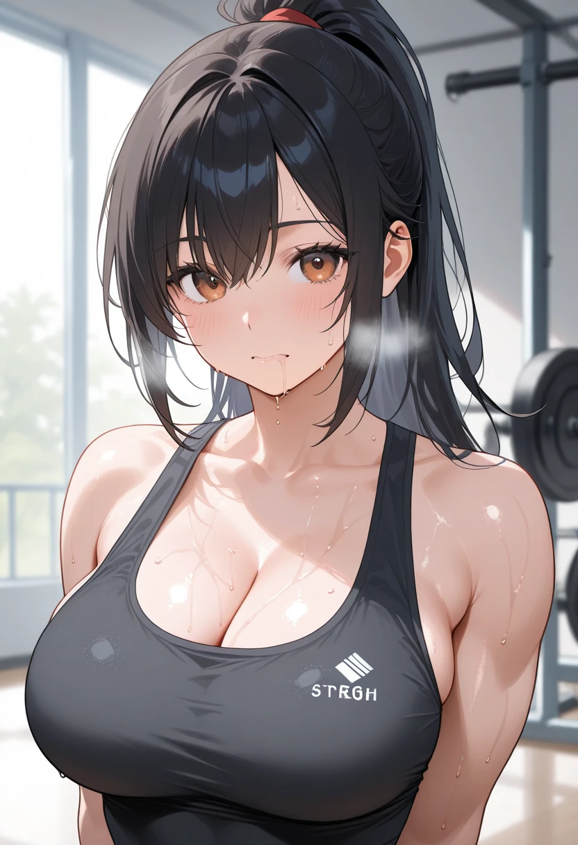 (Sweat, White skin:1.5、Light gray sports bra, Wet clothing), cameltoe, Brand logo on the bra, Fitness, Bodybuilding Poses, ((ブラにSweat染み:1.5, Sweatで濡れている, Sweat染み, Black stained sports bra:1.5))