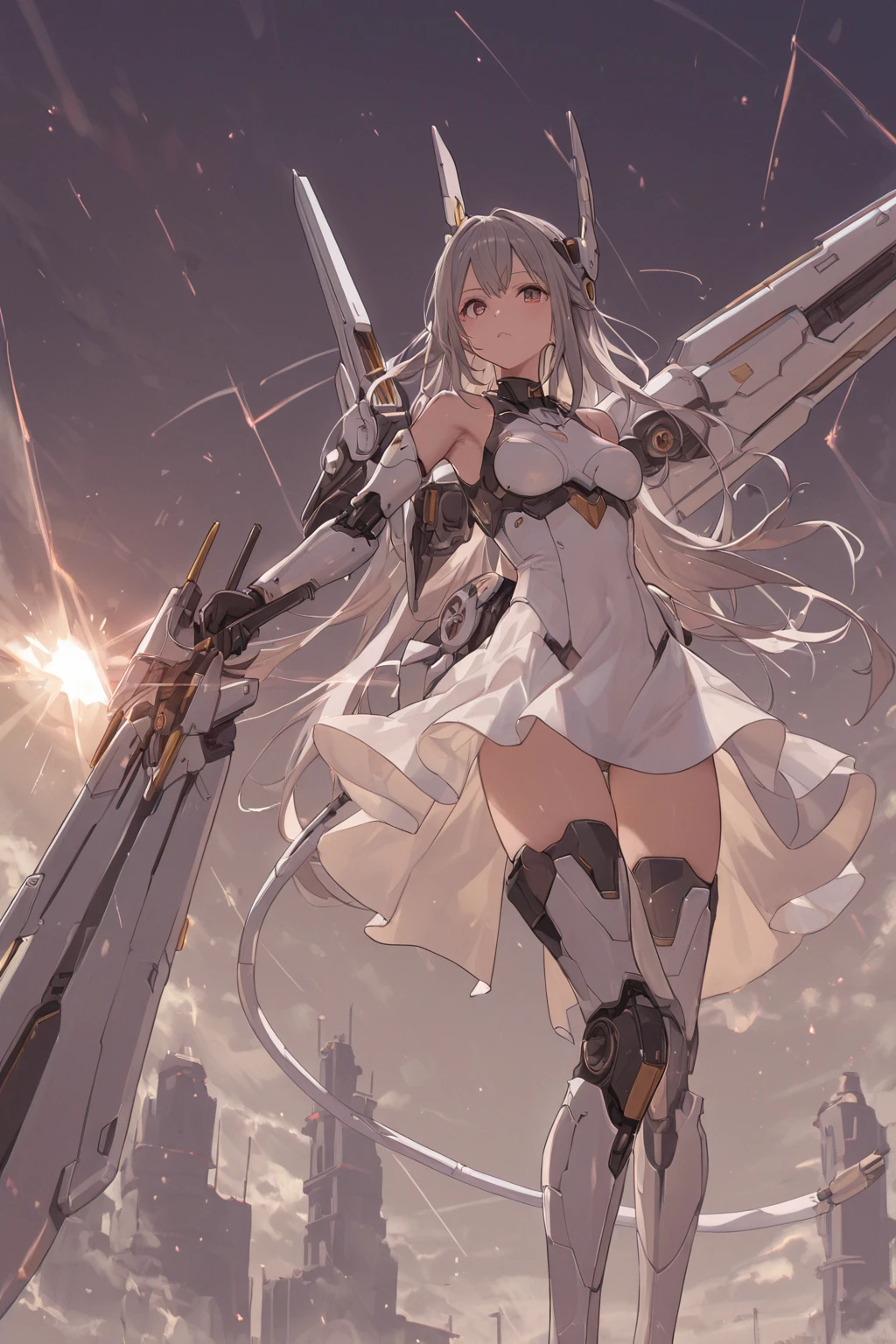 ultra wide shot, full body shot, (masterpiece) , the best quality, High Quality, (Futurism:1.1), (A paladin holding a light infused sword, light magic, divine, Magewave, silver and gold), movie lights, (Exquisite future), Beautiful and beautiful, Ultra detailed, Great composition, floating, Depth of field, (Very detailed CG,Unity 8k Wallpaper), (Beautiful detail background), Beautiful hair details, dramatic lights, GOGETTA, mecha,Bestquality,ultrahighres,photorealistic