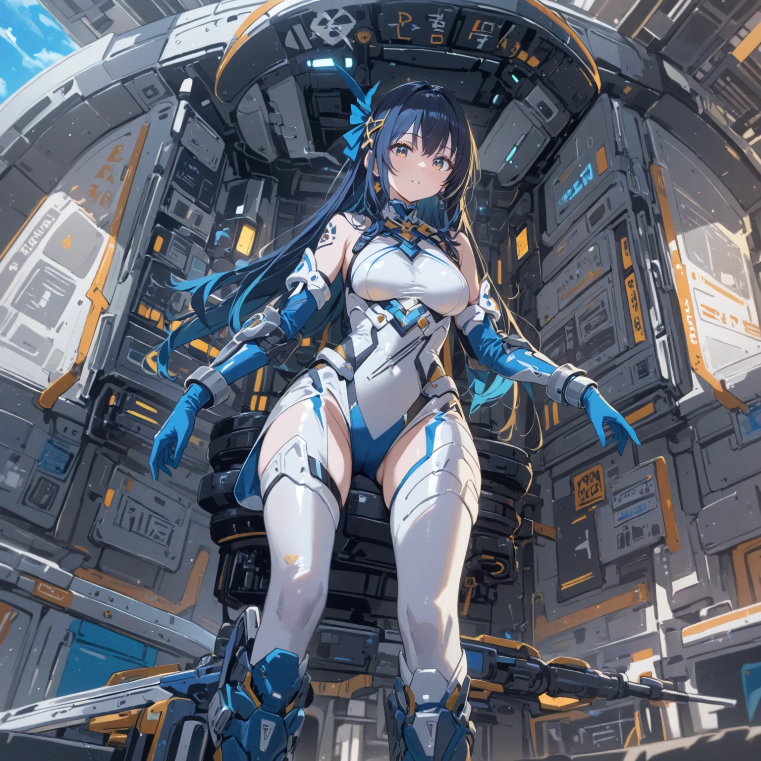 ((best quality)), ((masterpiece)), (detailed), perfect face, female with sexy V-Cut combat armor standing in front of huge starship, loading bay, battlecruiser, space,