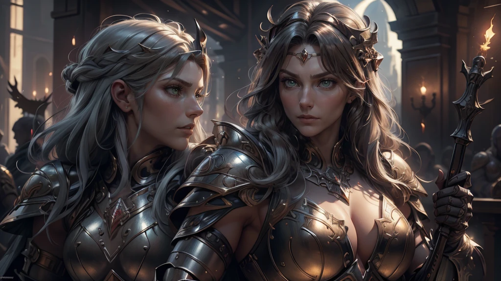 Female elf,Large breasts,Heavy armor,complex patterns,The background is the battlefield,Fighting posture,Mid-range portrait
