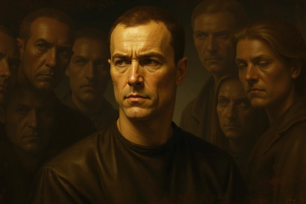 Masterpiece realistic painting of man locked in a dark cell with demon behind on very realistic high contrast dark background Renaissance painting style