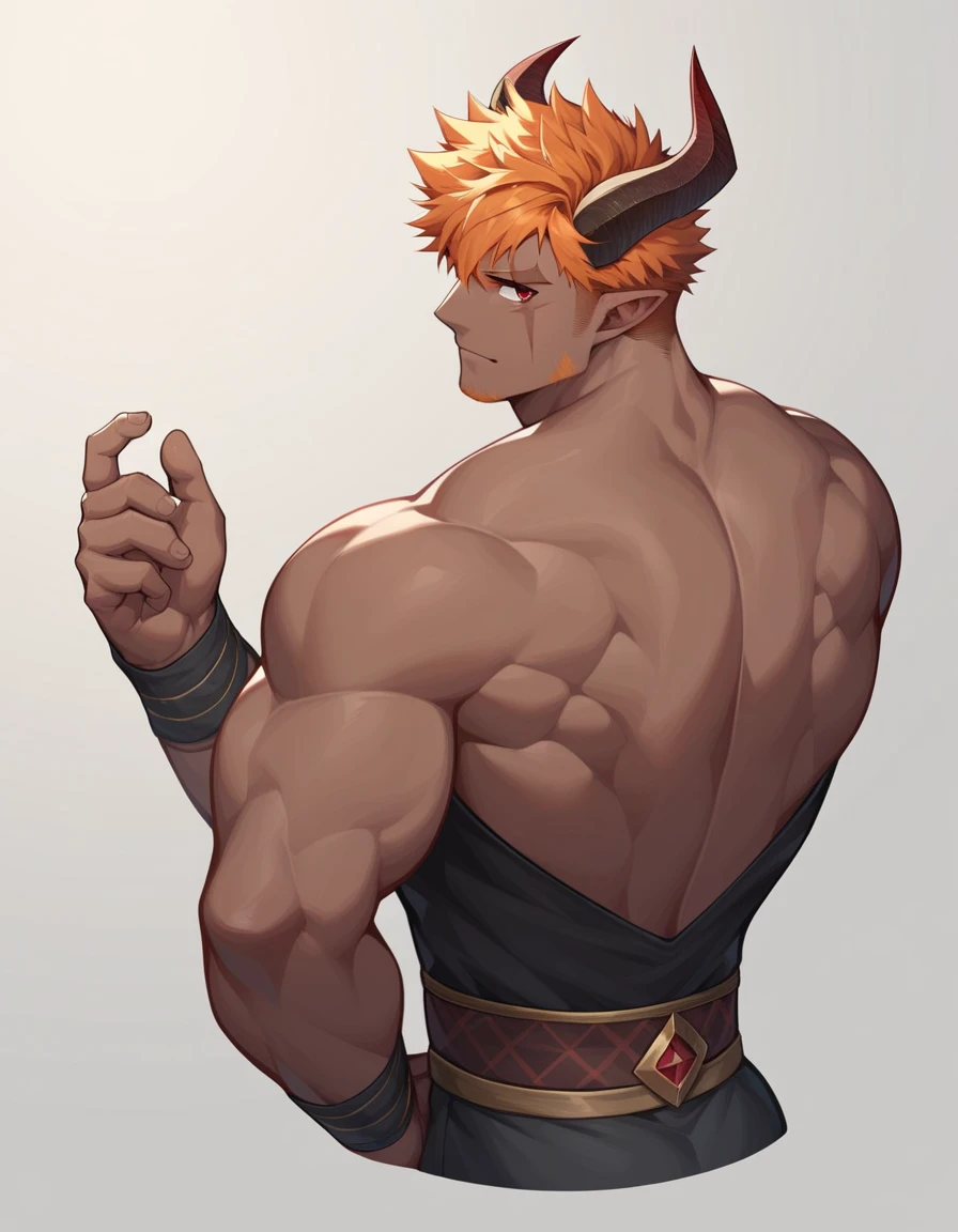 1boy, male focus, sidepec, muscular dark skinned male, muscular, bara, upper body, scarred body, solo, mage clothes, short combed up hair, orange hair, red eyes, short demon horns, simple background, best quality, amazing quality, best aesthetic