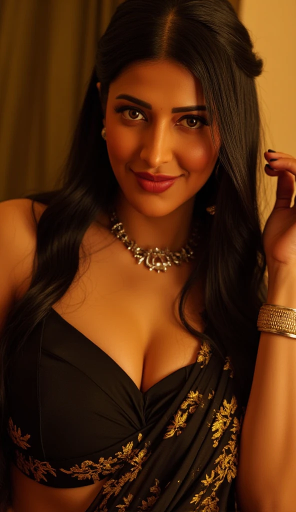 A captivating photo-realistic depiction of a sexy and mature Indian woman, radiating allure as she cuddles her partner in the dimly lit ambiance of an ancient palace at night. Her sultry curves are accentuated by the clingy black saree that hugs her body, revealing a tantalizing glimpse of her cleavage and navel. Her eyes, sparkling with desire and sensuality, gaze intently into the night, as the rich textures of her flawless features gleam in the darkness. With her perfect face, seductive pout, and luscious locks cascading down her shoulders, she embodies the essence of desire and passion, inviting