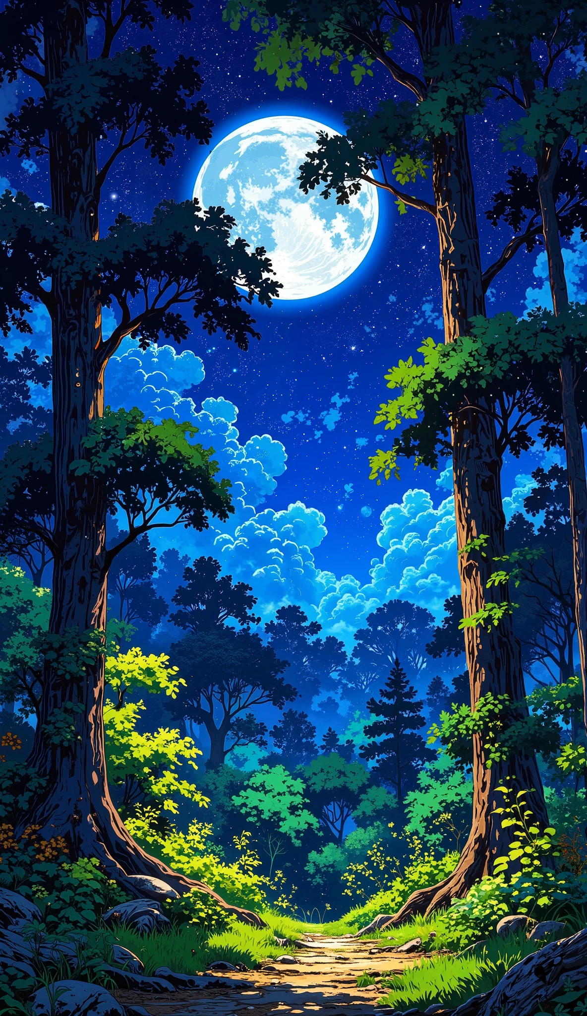 A mystical forest illuminated by deep blue moonlight, vibrant glowing green leaves and plants, a large full moon shining above, soft mist hovering near the ground, tall trees with delicate blue shadows, magical fireflies, cinematic lighting, serene and dreamlike mood --v 5 --ar 9:16 --style cinematic --quality 2