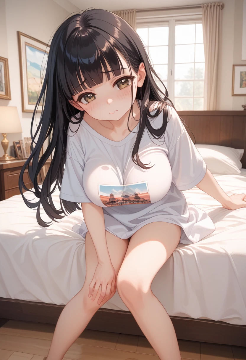 Very detailed、(8k, RAW Photos, highest quality, masterpiece:1.2), (Very detailed 8k wallpaper),shape、Professional Lighting,Sharp focus, Written boundary depth、
Browsing Caution、Clear Eyes、Perfect Anatomy、With a girl、、Cute girl、Black Hair、15 years old、Chibi T-shirt、Emphasize cleavage、Micro Mini Skirt、、(blush:1.5),、imminent kiss,Plump thighs、、White panties、bed