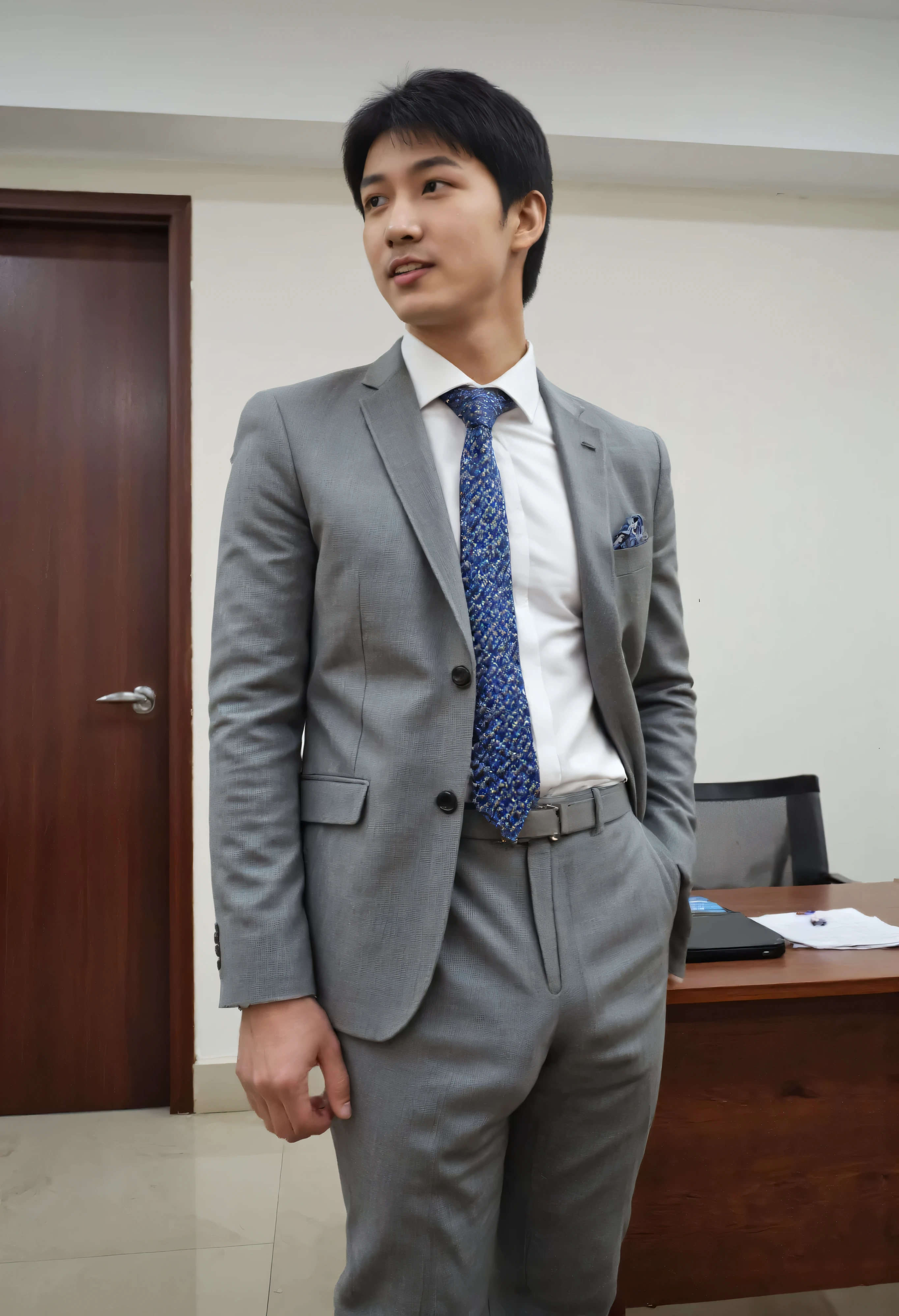 Young Asian guy wearing a handsome gray suit at the office, doing a tongue-in-cheek pose, showing a big bulge under the crotch of his pants, slanting up to the left, showing very big bulge in pant, photorealistic skin texture, Natural Realistic Full Body
