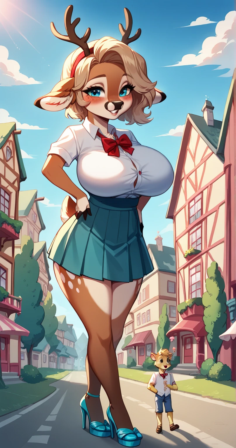 Rabbit girl High school cheerleader, solo, female, blonde hair, blue eyes, smiling, big breasts, cleavage, slim, small waist, small hips, european city, brick road, hands behind back, happy, looking at viewer, high quality