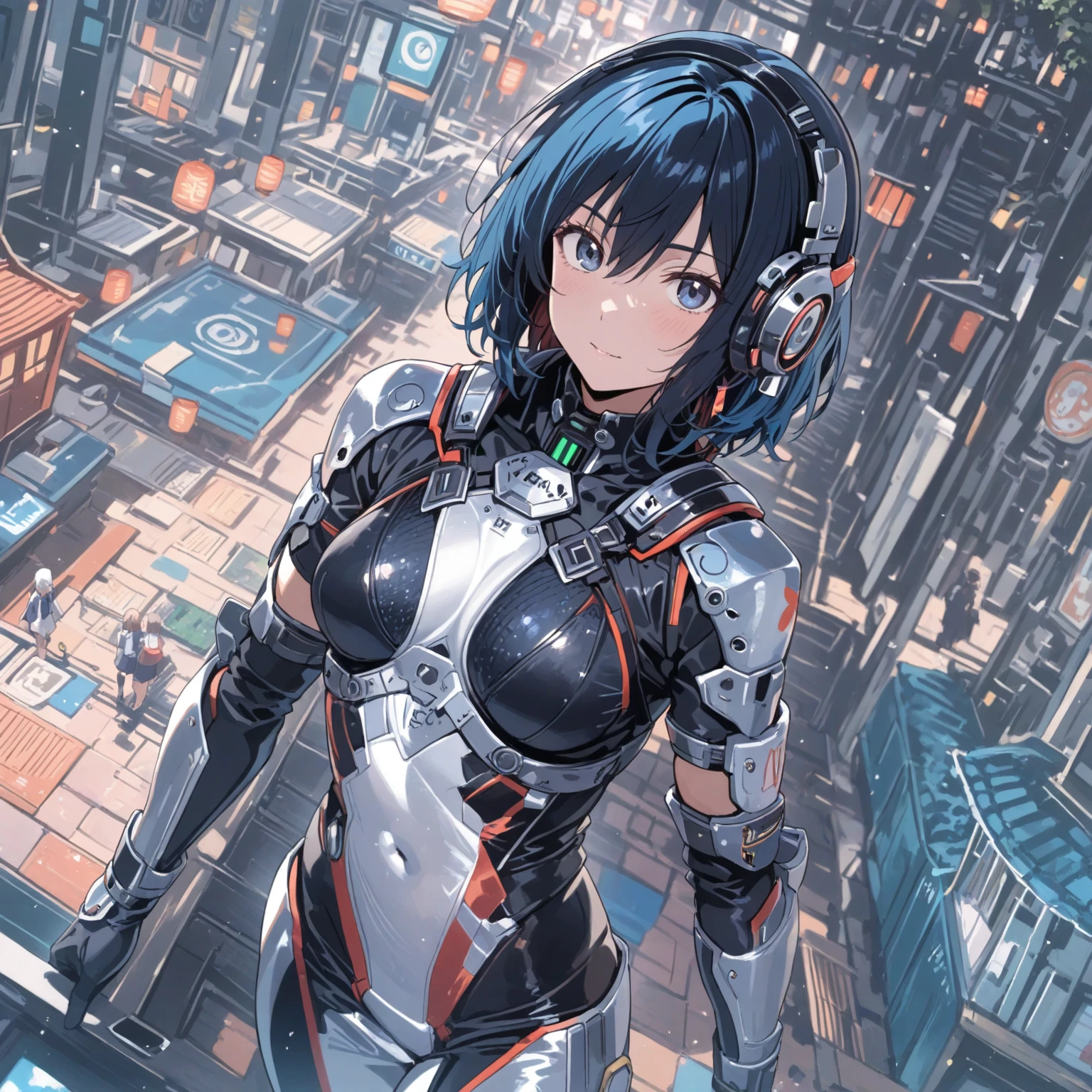 (masterpiece、highest quality、highest resolution、clear_image、detailed details、Angle from above): (full body figure、One 20 year old girl、Japanese faces、small face、Slender、Navy blue super short bob cut hair、(hidden small breasts:1.3)、sparkling blue eyes、Shiny pilot suit in blue and black colors、armor that protects the chest、tight fitting clothes、clothes that cover the whole body、shiny clothes、tight fit pants、hide the skin、very delicate and beautiful、detailed skin、hide thighs、Hide your ass、cute type、gentle smile、soft expression、heroine、headset、Knee-high boots、gloves up to the elbow、eye level shot、facing directly、woman on a spaceship)