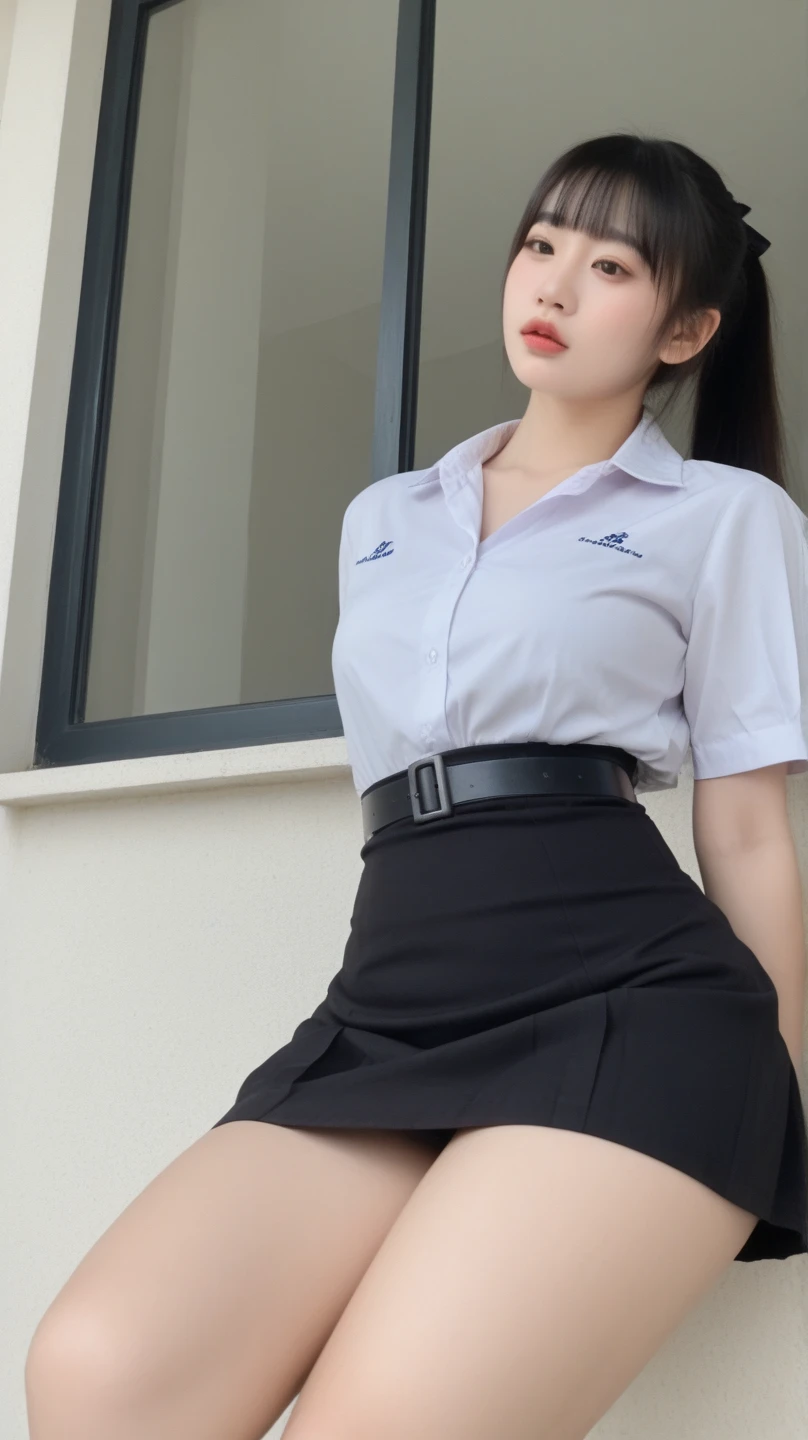 (8k), (highest quality: 1.2), (Realistic), (Realistic: 1.37), Ultra-high resolution, 1 girl, cute, Embarrassed expression,smile, (Blushing:1.4),Mouth closed, Beautiful details, Beautiful Nose, whole body, smooth black hair,Ponytail Giant Dulcefo, pork, Thighs,Leather mini skirt,Leather platform boots,(shirt formal, Light Blue:1.2),cute ,like an idol,Sculpture Pose,(濡れて光るThighsにクローズアップ)