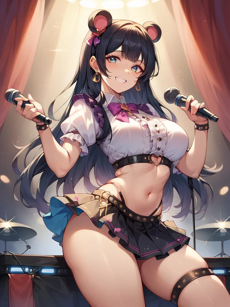(Anime style:1.3), (Realistic, Photorealistic: 1.37), (Masterpiece, Best Quality: 1.37), (Ultra High Resolution: 1.2), (RAW Photo: 1.2), (Sharp Focus: 1.3), (Face Focus: 1.2), (Ultra Detailed CG Unified 8k Wallpaper: 1.2), (Beautiful Skin: 1.2), (pale Skin: 1.3), (Hyper Sharp Focus: 1.5), (Ultra Sharp Focus: 1.5), ( Beautiful pretty face: 1.3), (Japanese actress face:1.3), (super detailed background, detail background: 1.3), masterpiece, best quality, high res, ultra detailed, hyper sharp, absurdres, detailed face, photon mapping, white skin, real human skin, (detailed face), oval face, pores, from below, low angle, looking down the viewer, ultra high res, (8k, RAW photo, photorealistic:1.4), BREAK, 1girl, slim, (large-breast:1.37, cleavage), Illustration of a scene in which an idol singer is singing enthusiastically on a live stage.
The idol singer is standing in the center of the stage.
The idol singer is wearing a mini-skirt and boots.
The idol singer has her hair up and is wearing a headset.
The idol singer is holding a microphone and singing.
The idol singer's expression is serious and powerful.
The singer's voice is strong and beautiful.
Fans are gathered around the stage.
Fans are singing and dancing along with the idol singers.
The venue is filled with excitement.
This illustration shows the passionate live performance of an idol singer. Fans are fascinated by the idol singer's voice and performance. The venue is filled with excitement and the idol singer's live performance is a success.