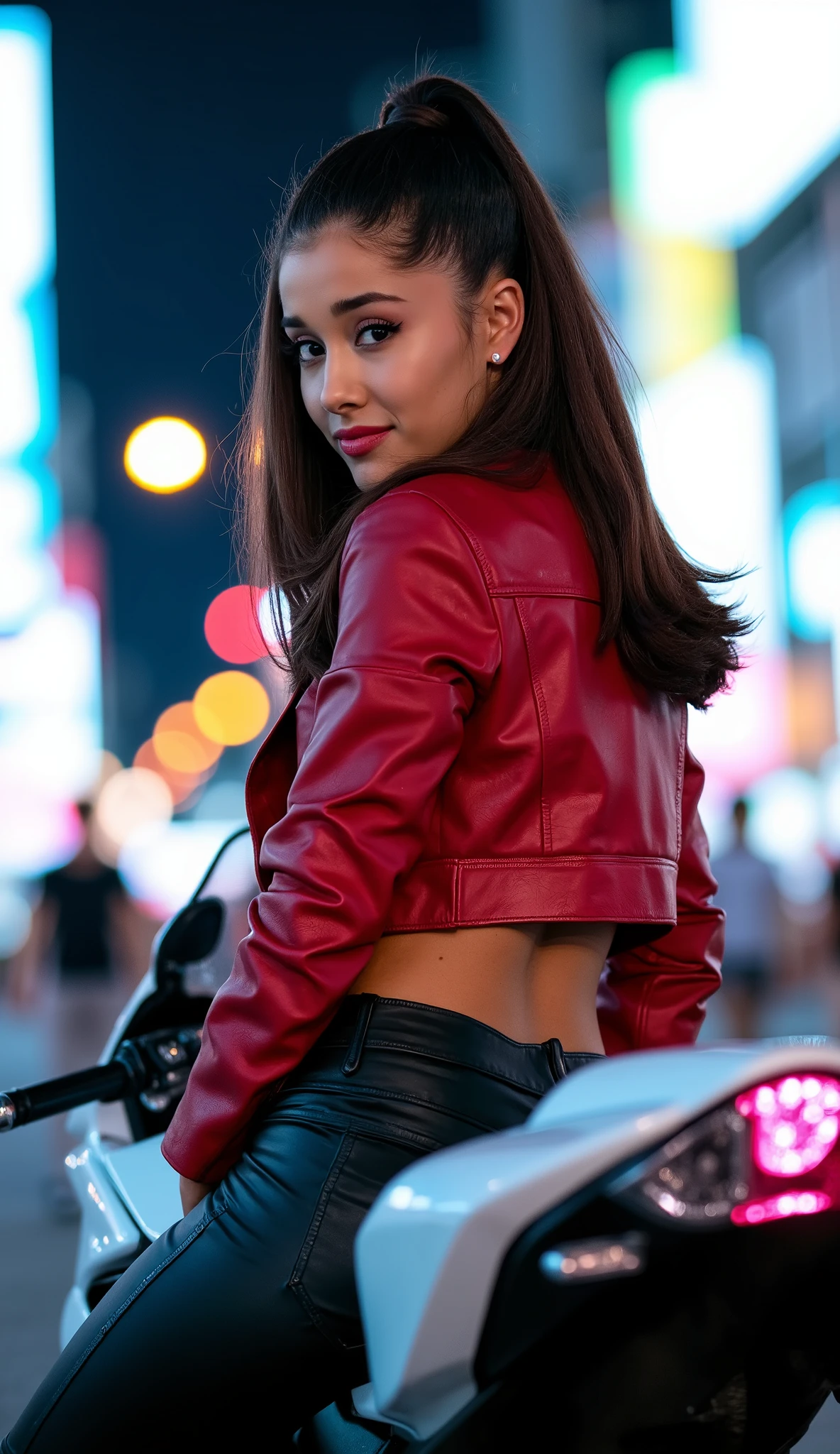Close-up rear view of a beautiful woman seated on a sleek white Kawasaki Ninja motorcycle, mid-body composition (from hips upwards). She wears form-fitting black leather skinny jeans and a vibrant red leather jacket, with the motorcycle's tail section dominating the lower frame. Her pose is angled to the right, torso slightly twisted to look back over her shoulder, revealing a confident smile and precise facial features (maintaining selected LoRA's face/hair details).*
*The motorcycle's tail is pristine white with chrome accents, gleaming under Shibuya's neon lights. The scene is set at night at SHIBUYA CROSSING, with bokeh-style blurred crowds and traffic lights in the background. Perspective is low-angle, shooting upward from the motorcycle's tail toward the model, emphasizing her silhouette against the urban chaos.*
*Lighting combines cool neon blues/pinks with warm ambient glow, creating dramatic contrasts on the red jacket and motorcycle chrome. Ultra-sharp focus on textures: leather wrinkles, metal reflections, and hair strands. Mood remains adventurous and rebellious, with a touch of cinematic allure. Style: Photographic realism with shallow depth of field, focusing on the model's upper body and bike details.
