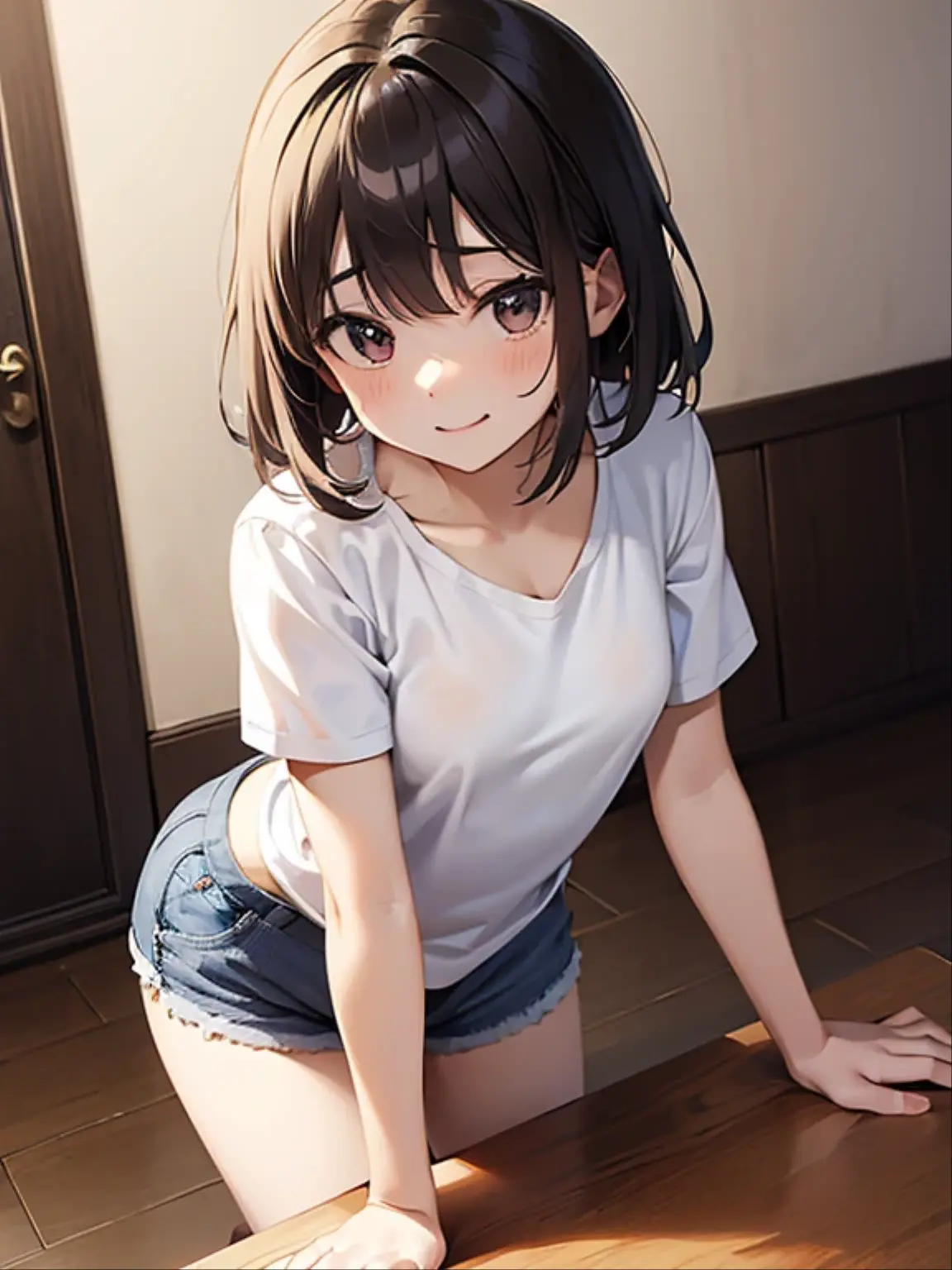 masterpiece, high quality, highly detailed, girl, short white t-shirt, no panties, wet, barefoot, pussy juice, embarrassed, cute, adorable, sweat, sweatdrop, pussy juice trail, straddling, happy, excited, dark hair, blue eyes, orgasm, smiling, female ejaculation