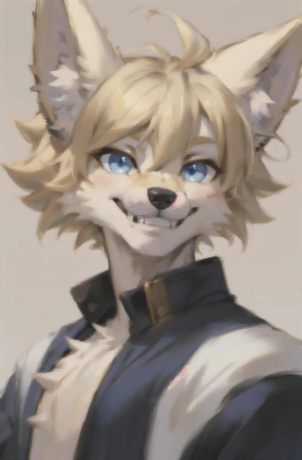 Solo, score_9,score_8_up,score_7_up, source_cartoon, source_furry, Kat, Anthro furry male, tall body, hourglass figure, adult male, closed eyes, :3, snout, pink nose, silver furry body, grey tabby cat stripes, long blonde hair, hair covering one eye, standing up straight, big happy smile, giving you a thumbs up, other hand on hip, simple white background, wearing blue bandeau, brown short shorts, c cup sized chest,