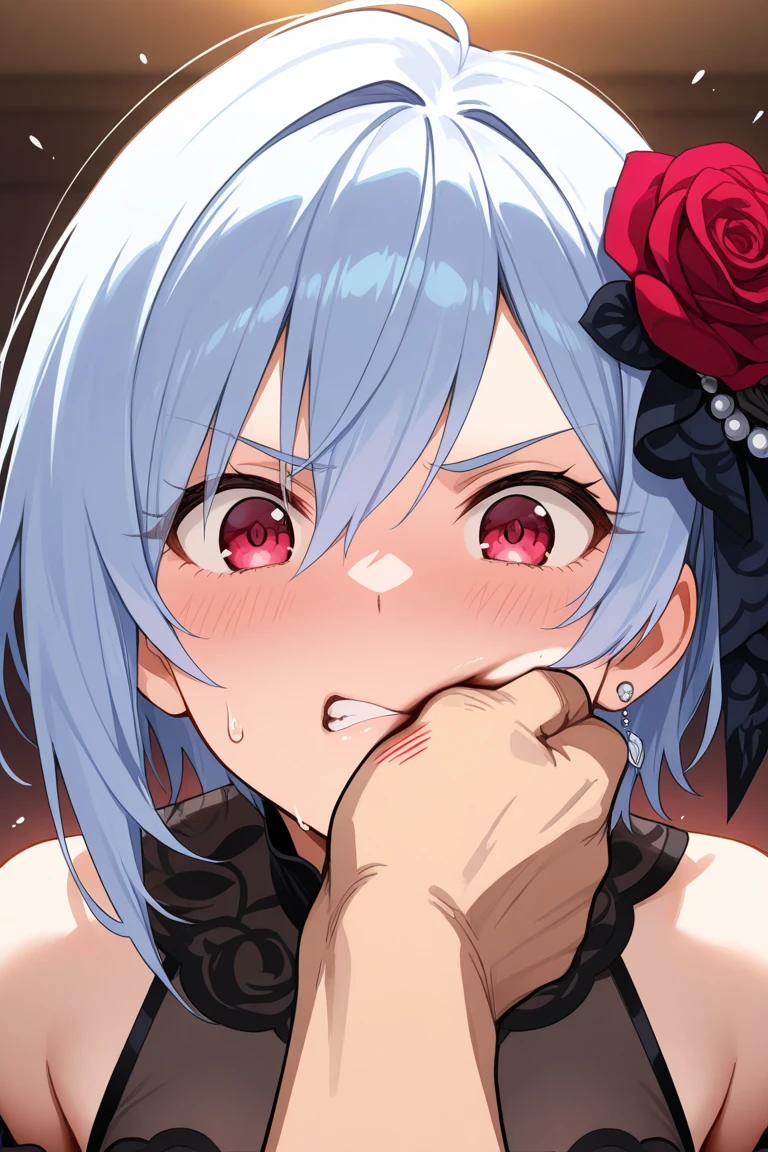 (Hyper-realistic)、(a picture)、(hight resolution)、(in 8K)、(highly detailed)、(Best Illustration)、(Beautiful detailed eyes)、(top-quality)、(ultra-detailliert)、(Master masterpiece)、(wall-paper)、(Detailed face:1.4)、drooping eyes、full of sweat、(short-length hair、(silver to bright red ombre hair:1.25)、black choker:1.4)、独奏、1 woman in Japan、22 years old、(Sweat、Shiny skin)、(A detailed eye、二重まぶた、thin cheeks、 shinny skin、shiny small neck、lighting on the face)、(nude:1.4、Naked:1.4)、((deepthroat:1.4)、penis:1.4、1 boy、pov hands)、on the bed、(iuuiahegao、tears:1.4)、、