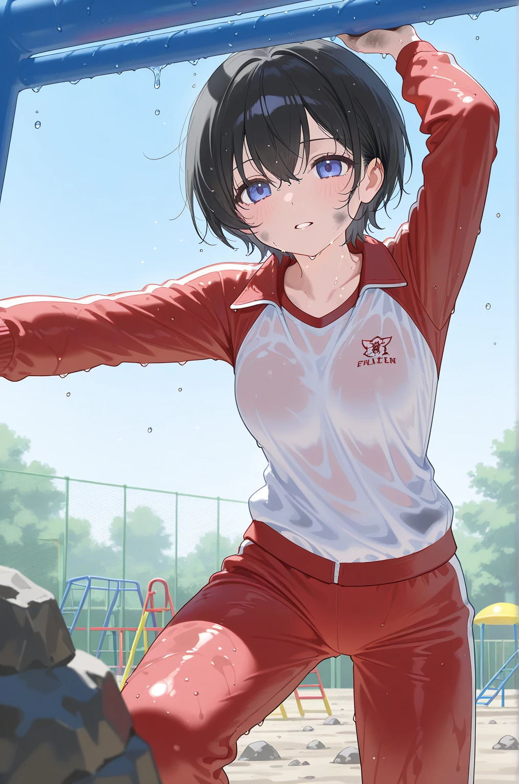 masterpiece, Best Quality,Illustration, Wallpaper, Ultra Detail, 1girl in,Solo,Beautiful detailed eyes,Very thick contour lineedium Short-Cut Hair、Short, Braided hair、(tight cycling wear and cycling pants)、Dark hair color、cute smile、Overlooking angle:1.2、small head、ample breasts