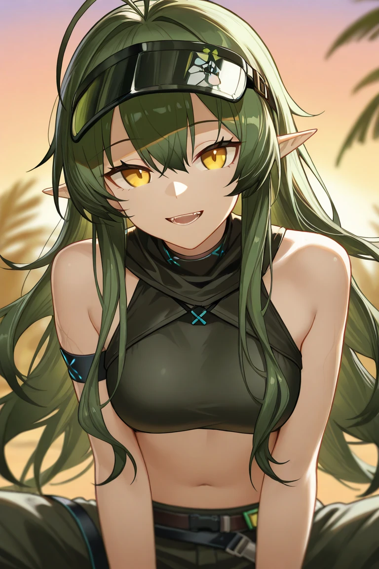 best quality, （masterpiece）, Solitary, 1 Girl,  us_Erindale,Green Eyes, Green Hair, 1 Girl,((cute chibi)),((Upper Body)),anatomically correct,standing on the beach,Standard body shape,(Big breasts),wearing swimsuit,Solitary, Pointed ears, Elf,angry expression,bad expression,Pout,shy,blush,Stare at this person，Lean forward,looking into camera,