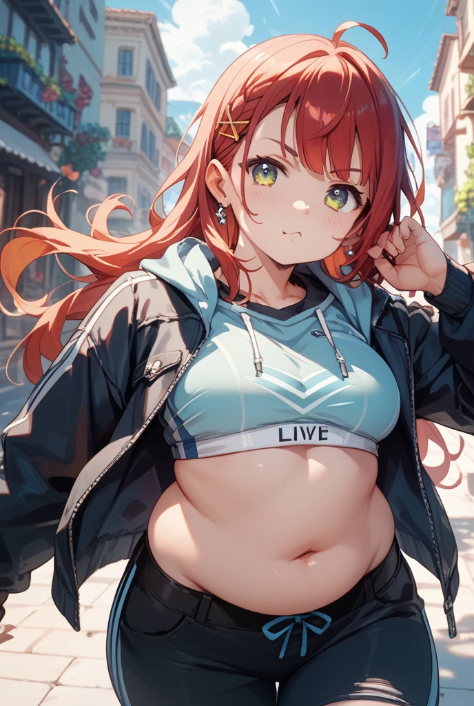 (masterpiece), Highest quality, Intricate details, Super detailed, super high quality, The rule of thirds, (View your viewers), Detailed face, Detailed Iris, Glossy Lips, One girl, alone, Long Hair, Yellow Eyes, Hair between the eyes, Redhead, (Hair Intake, (top third shot), Streetwear, hoodie, Jeans Shorts, belly button, Modern Street, smile, Yankees strapback cap,