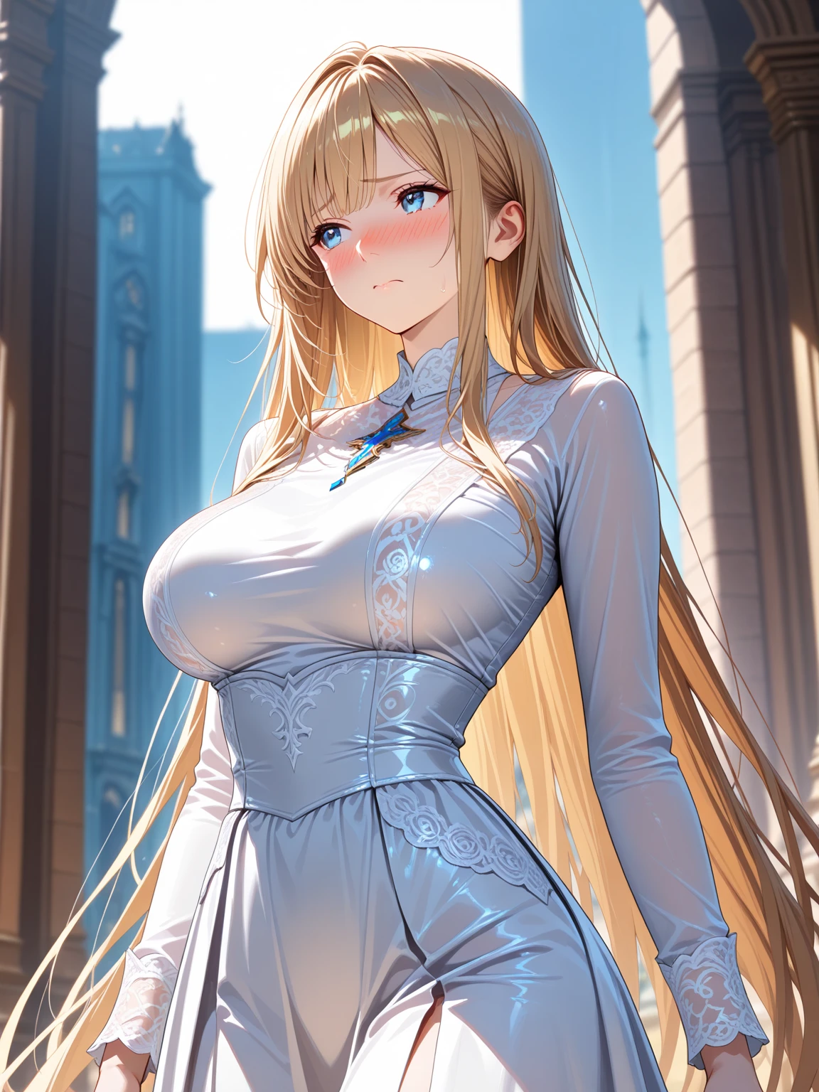 (((masterpiece))), (((best quality))), ((ultra-detailed)), (illustration), ((an extremely delicate and beautiful)), ((super detail)), ((high resolution)), (((20 years old))), gleaming skin, shiny body, two legs, breast focus, (((tall))), slender legs, ((big round eyes)), cute eyes, drooping eyes, ((adult)), two hands, five fingers, no extra hands, elegant smile, braid, medium length hair, ((metallic)), (see-through), (ultra-huge breasts), (shining brightly), outdoor, mini skirt, city, daytime, (((sfw))),