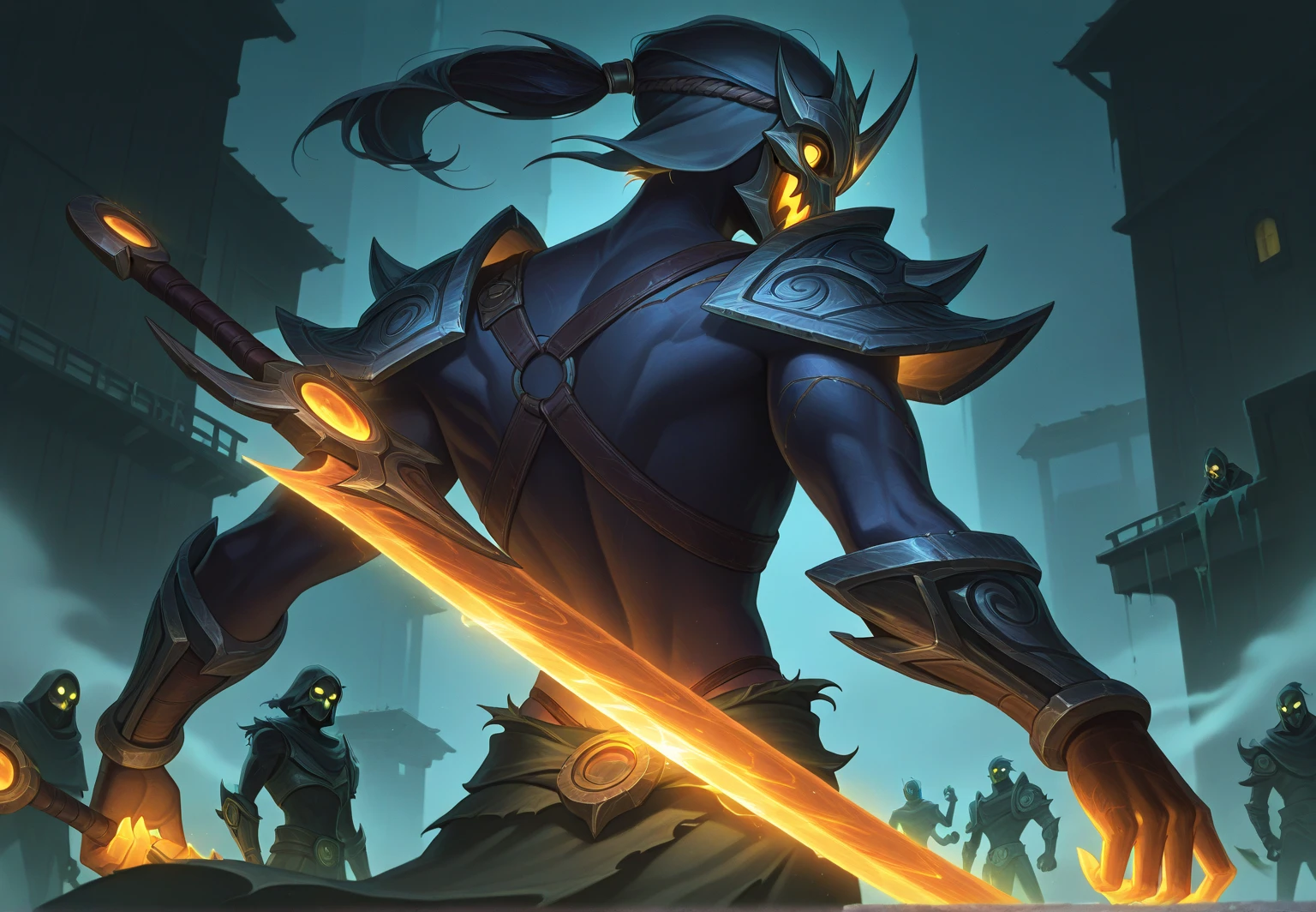 A highly detailed anime-style illustration of Pyke from League of Legends. A undead harpooner with glowing yellow eyes, gang mask, and jagged armor. His blade is strapped to his back, and arms are hidden beneath seaweed-draped robes or shadows. Background is a haunted Bilgewater dock with fog. Styled like a ghostly anime revenant or sea assassin