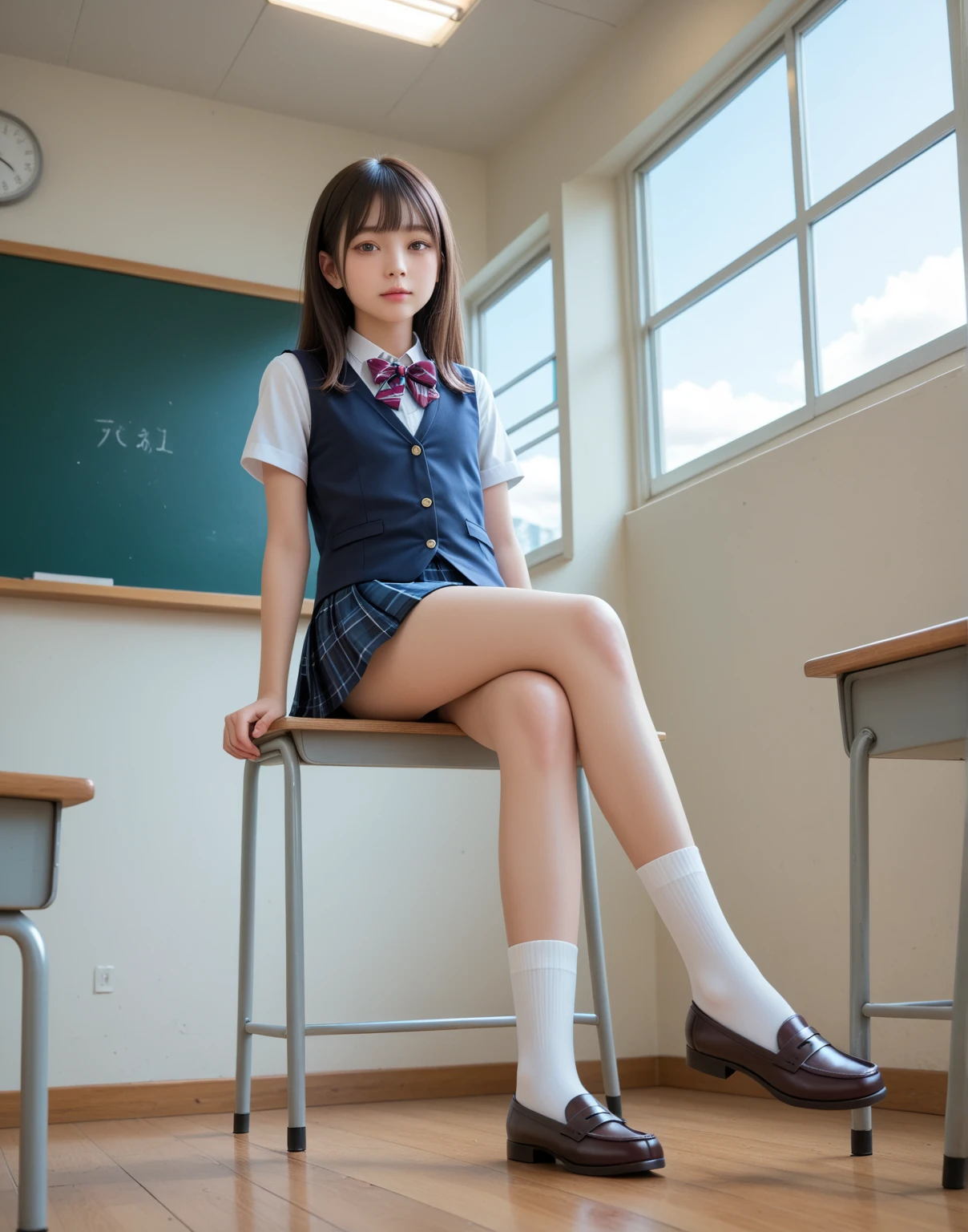 (masterpiece, best quality:1.2), (realistic,photo-realistic:1.4), RAW photo, highres, extremely detailed, intricate details, (full body, from below), solo, 1girl, a japanese women, (standing), (huge breasts), (tokiwadai school uniform:1.2), (fine fabric texture, white shirt, short sleeves, plaid mini-skirt, bare legs, thighs, socks, loafers:1.2), (panties around knees, panty drop:1.4), dark hair, bowl cut hair, detailed eyes, detailed face, sophisticated nose, fine-textured skin, pale skin, smile, (photo background, indoors, school classroom,