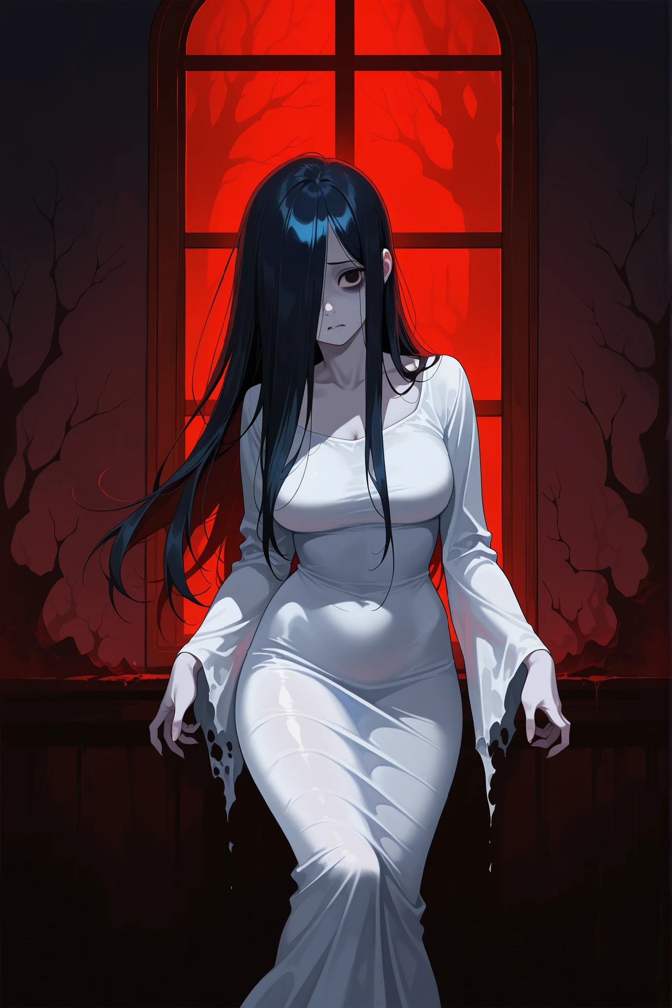 ((masterpiece)), (best quality), (absurdists), black hair, yamamura_sadako, white dress, (grey skin), hair over eyes, eyes covered, looking at the viewer very sexual in the dark forest super realistic and well detailed