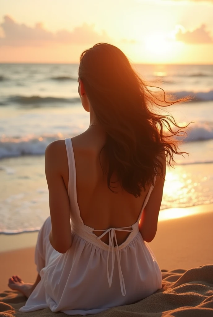 A girl with wet medium hair on the beach at a sunset with her back to the image