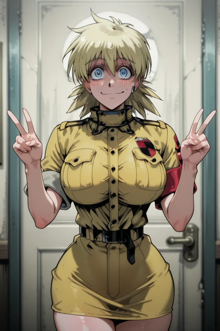 score_9, score_8_up, score_7_up, source_anime, solo, 1girl, seras victoria, hellsing, blush, shy, looking at viewer, arms behind back, blonde hair, hair over one eye, blue eyes, yellow shirt, short sleeves, white gloves, sexy, humongous breasts, large breasts, boob window