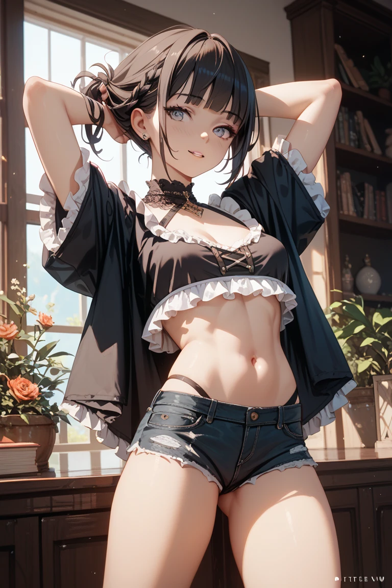 masterpiece, highest quality, (attractive woman), 28 years old, medium length hair, straight hair, bangs, model, big breasts, brown eyes, drunk, shorts, black bra, sexy pose, indoor