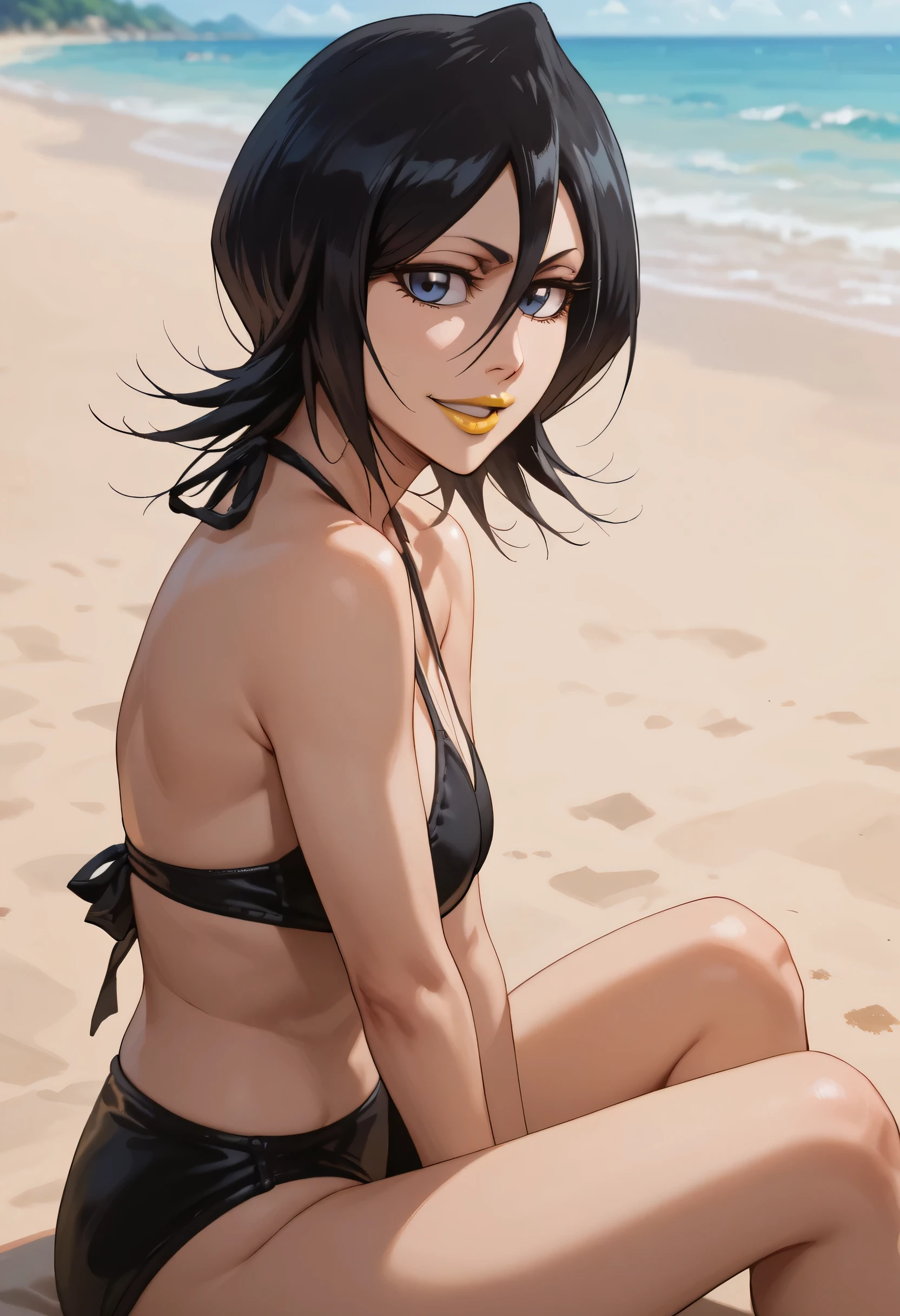 woman, anime style, yellow lipstick, looking at viewer, sitting, beach, focus on character, white skin, black hair, black bikini, side view, happy, cheerful, short hair, fantastic lighting, Rukia Kuchiki, Bleach, yellow lipstick