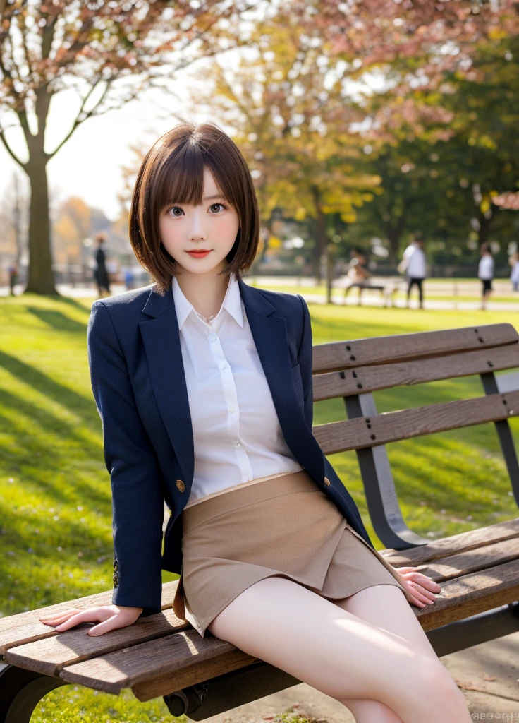 Highest quality、8k、masterpiece、Ultra-high resolution、Clear photos、Professional Lighting、Natural light、Realistic,、Highly detailed skin、Perfect Anatomy、One Woman、30 years old、Baby Face:1.6、Large Breasts、(Large areola)、Large erect nipples:1.2、Glamour、Very short bob hair:1.8、Brown Hair:1.8、Beautiful Hair、Thin legs、smile、Embarrassed expression、(Office Suits:1.2)、Luxury Suits、(Perfect Pantyhose:1.5)、(Navy blue jacket)、White shirt、(Tight mini skirt in navy blue)、at the park、Sit on a bench、(Skirt Lift:1.４)、Sit with your legs apart、Exposed thighs