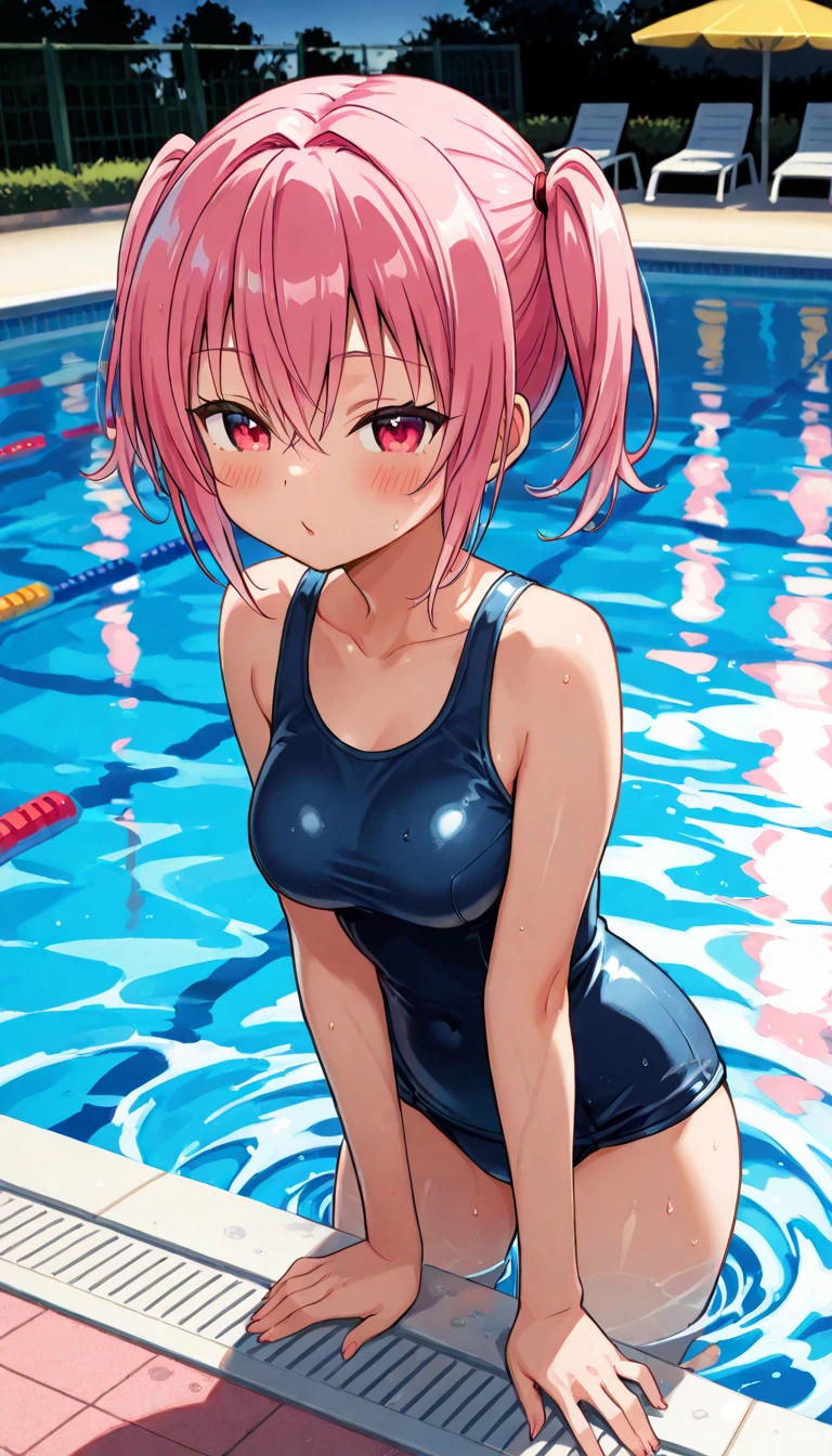 Reiju, One Piece, ReijuV2, short floating pink hair, swimming costume, swimming pool background, sexy posture