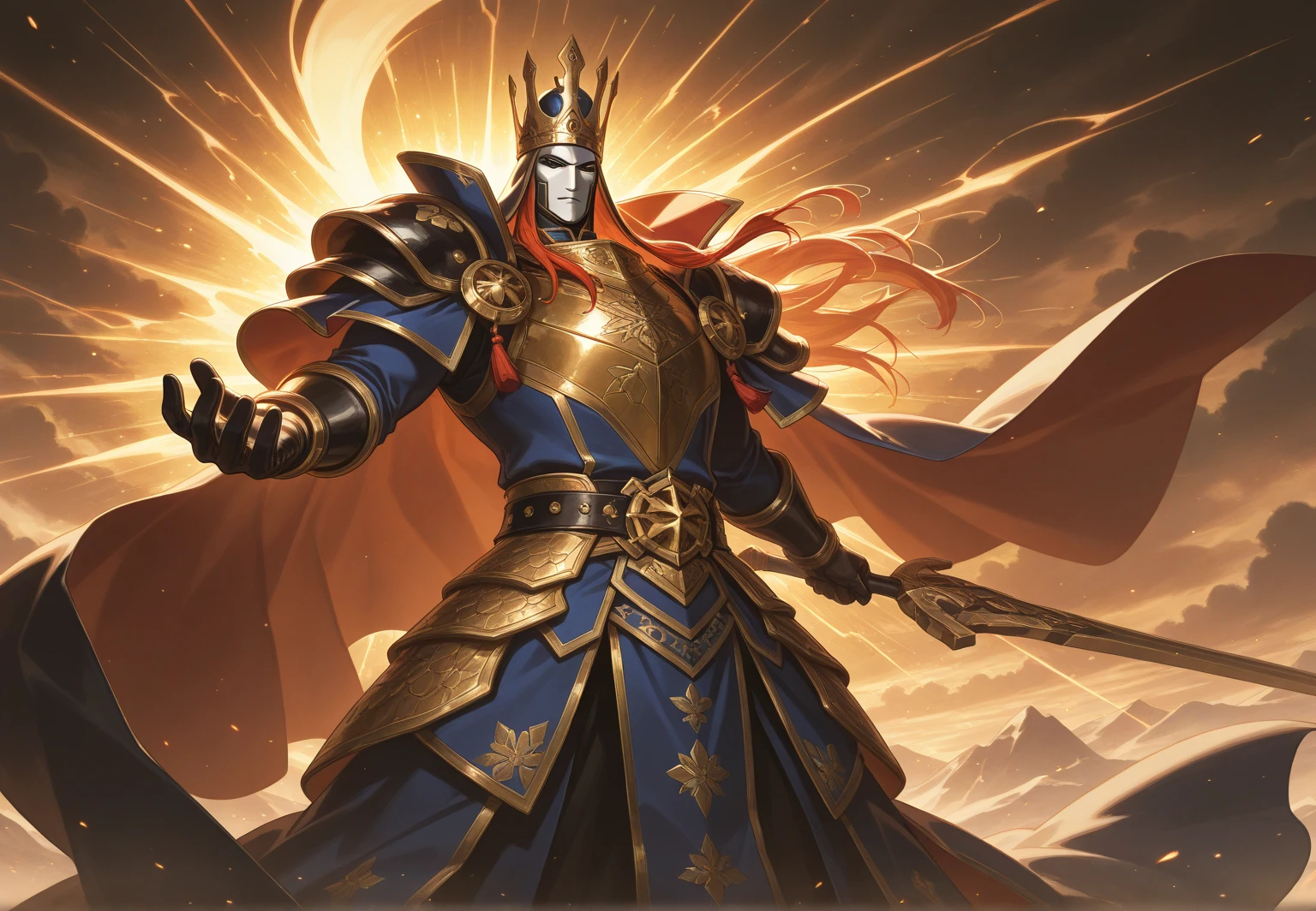 Delicate alone,masterpiece,Humanity,male,WarGreymon(Black body,Blonde),scale,Delicate face,Delicate eyes,Black bodyの、King Arthur costume、Knight King,Muscular,grassland、Indigo eyes、Dark blue cloak、god々New Golden Crown、Groin bulge、Daytime、Camelot Castle in the background,Small hill,wonderful眺め、Holding a holy sword、wonderful,Written boundary depth, Perfect lighting, (Particles of light),(Highest quality),(masterpiece),(Ultra de Shippo Ed),Sharp focus,Particles of light